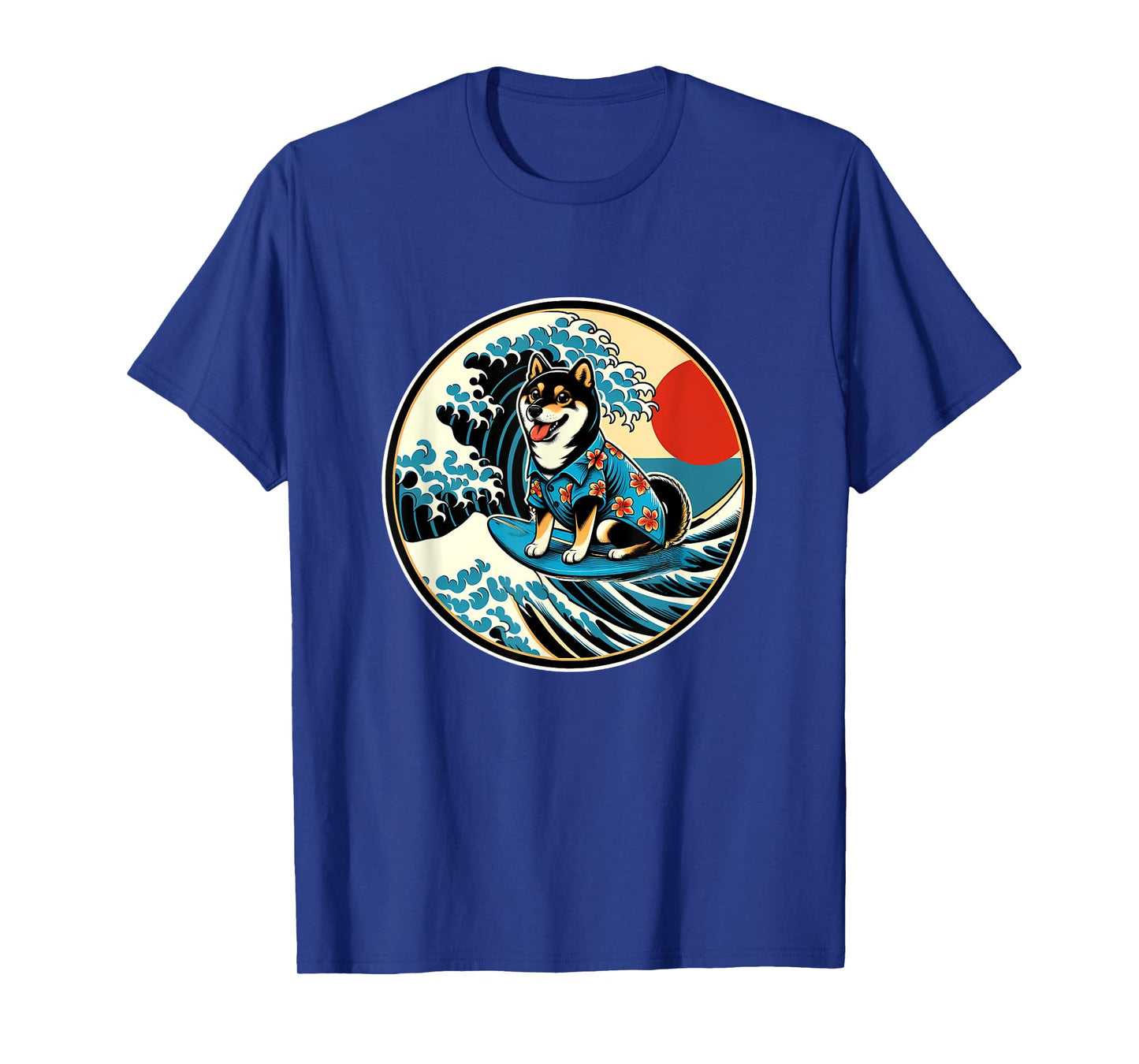 Great Wave Kanagawa Black and tan Shiba Inu Surfing T-Shirt