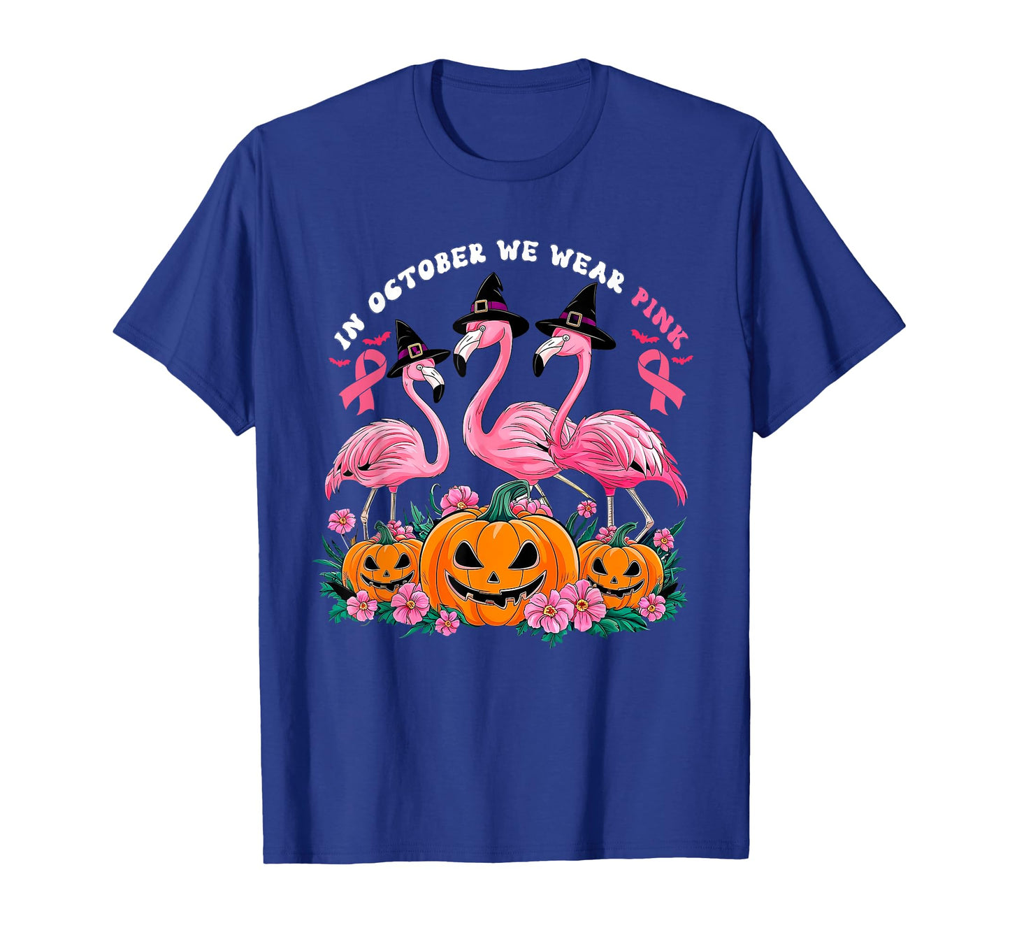 in October We Wear Pink Flamingo Breast Cancer Halloween T-Shirt