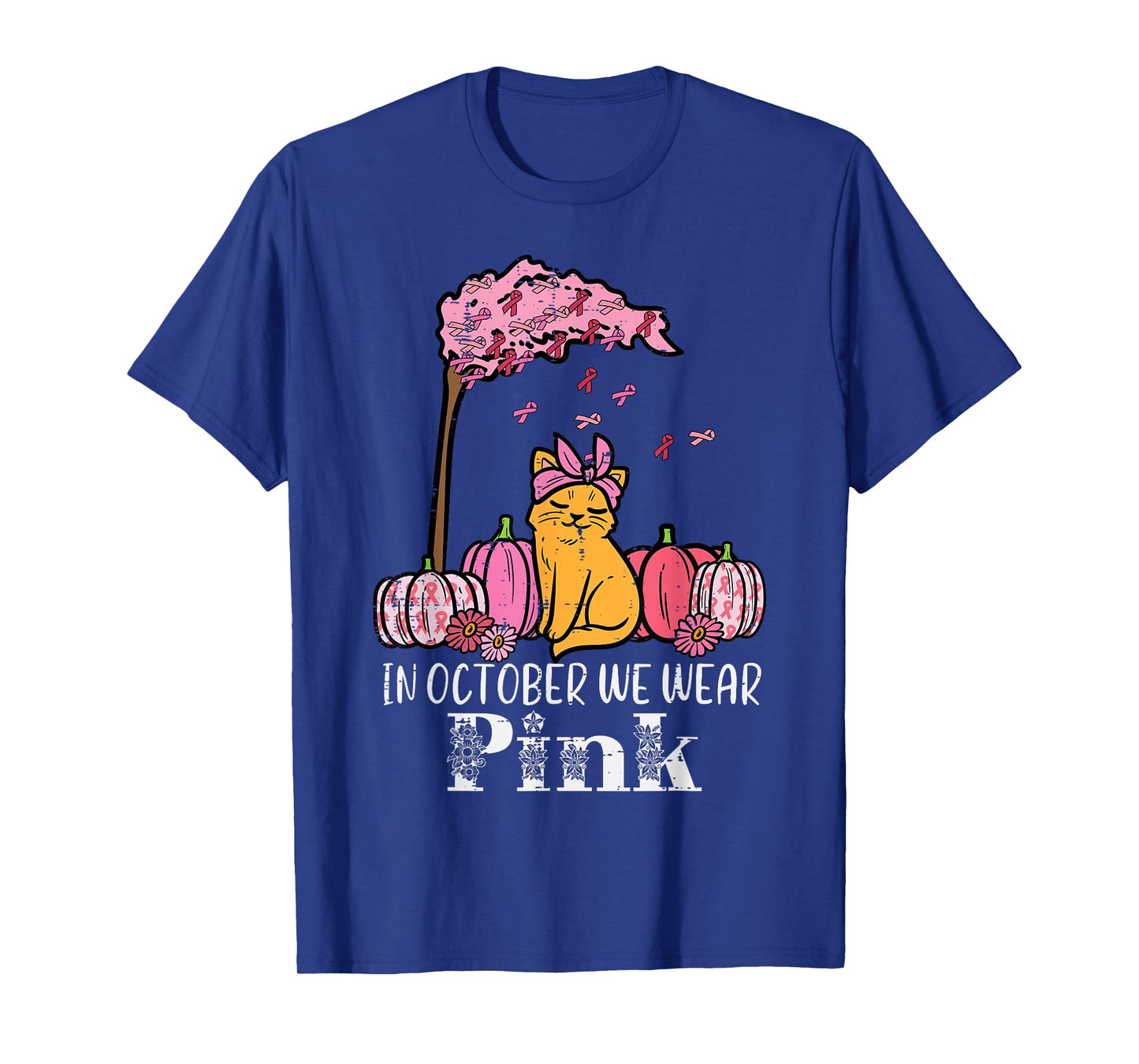 In October We Wear Pink Cat Fall Breast Cancer Awareness T-Shirt