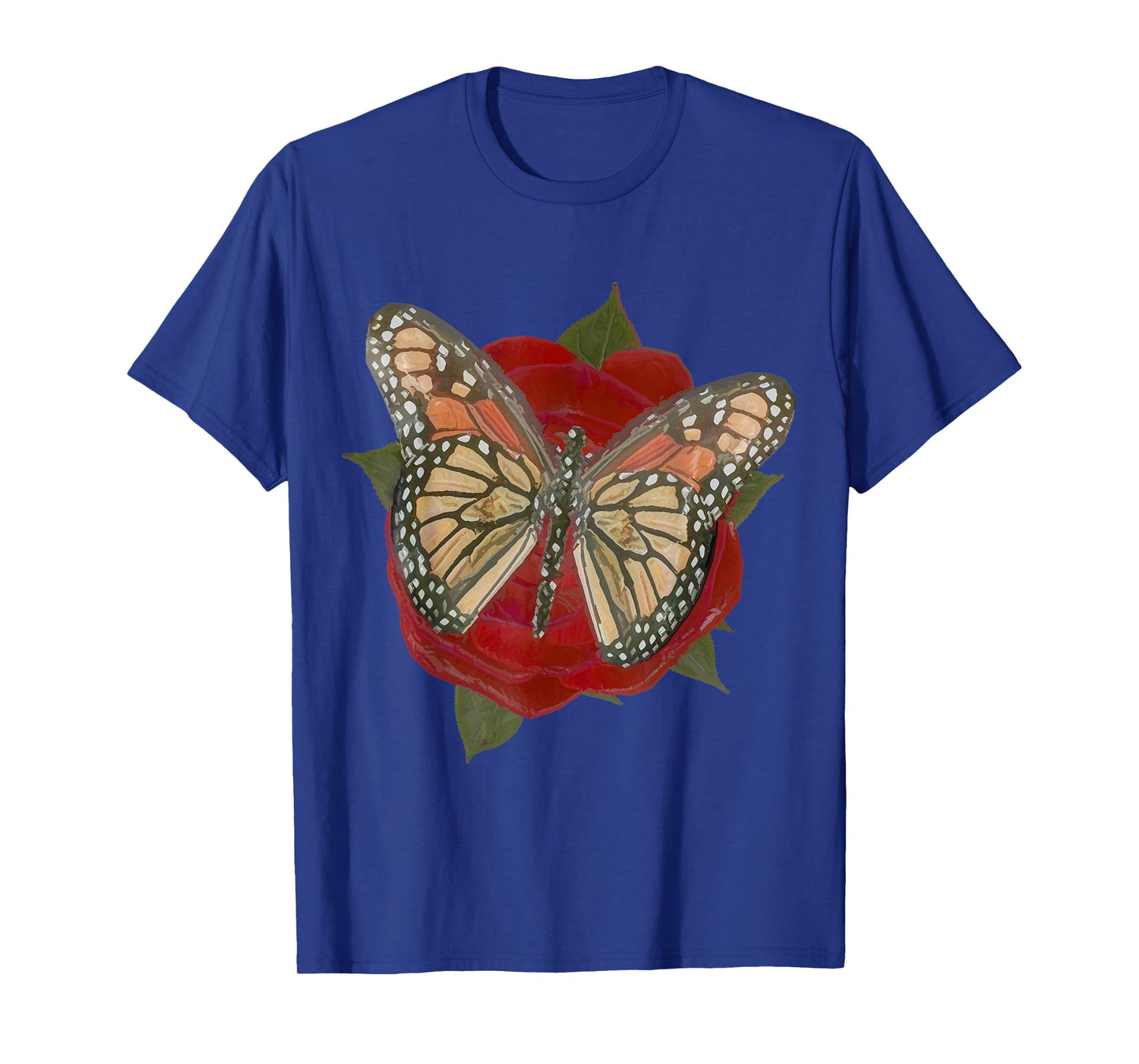 Rose Red Flower Orange Black Monarch Butterfly Graphic Print T-Shirt