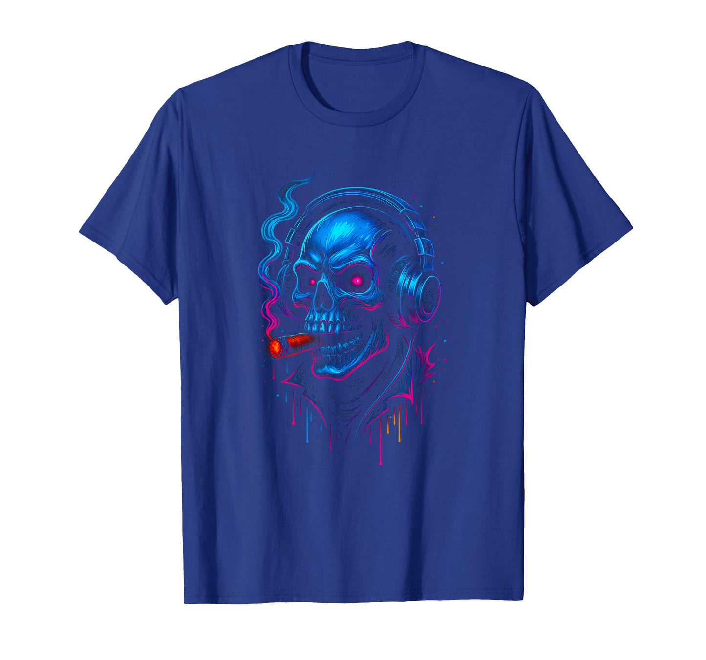 Skull Cigar DJ Headphones Vaporwave Retro Halloween Skeleton T-Shirt