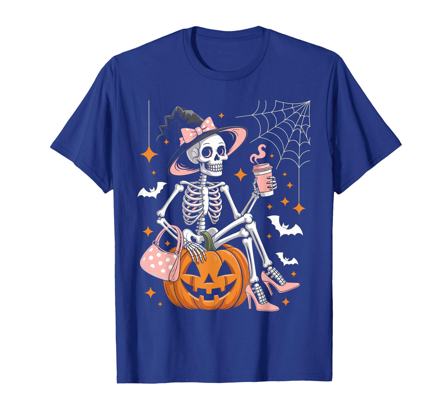 Cute Skeleton Drinking Coffee Lover Halloween Outfits Women T-Shirt