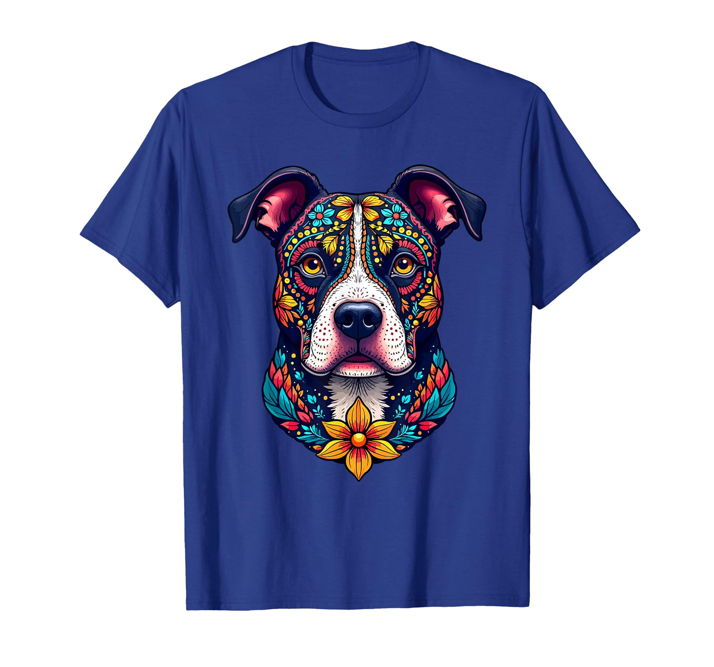 Mexican Sugar Skull Pitbull Dog Dia de Muertos Halloween Day T-Shirt