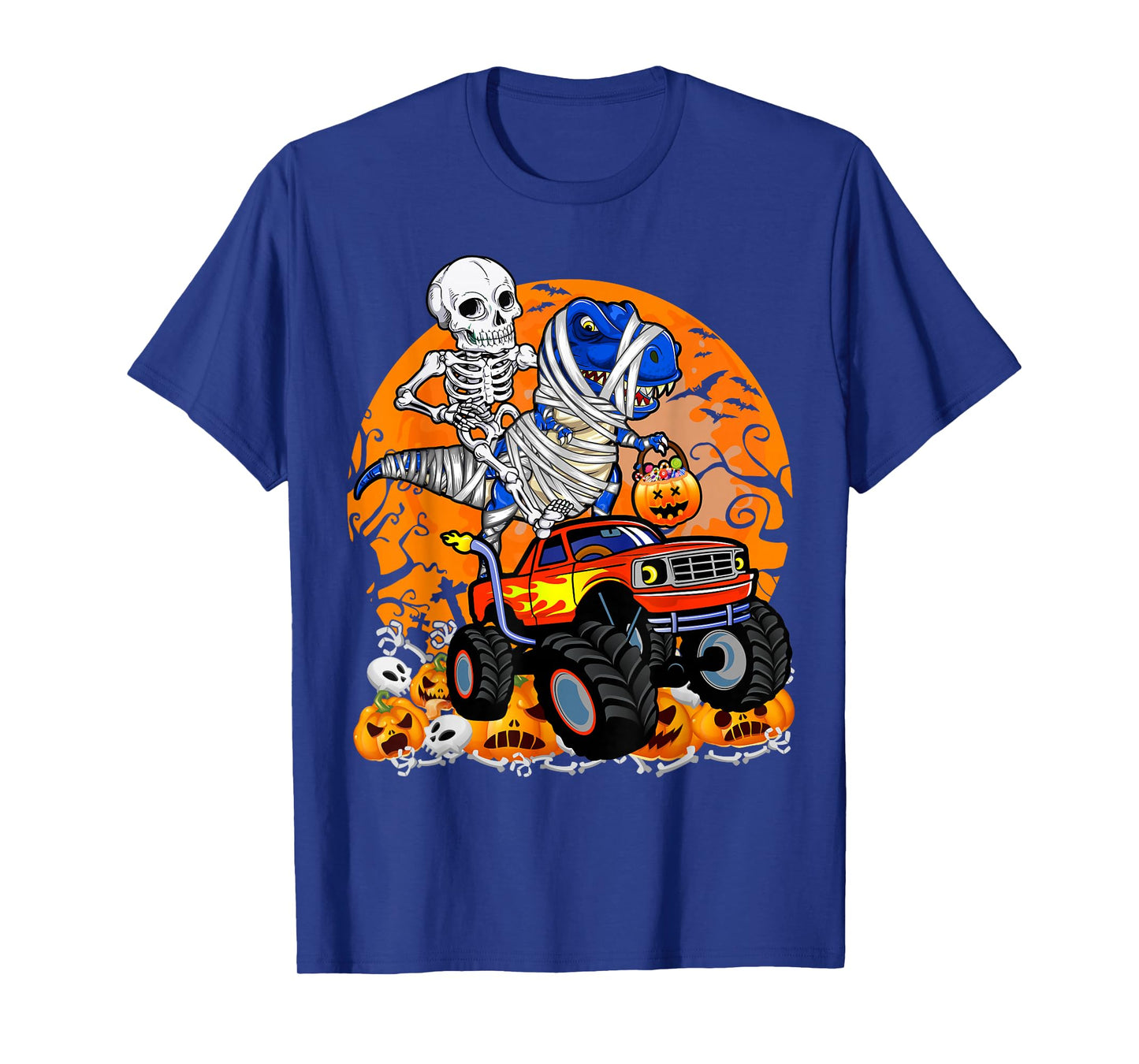 Skeleton Riding Dinosaur T-rex Mummy Monster Truck Halloween T-Shirt