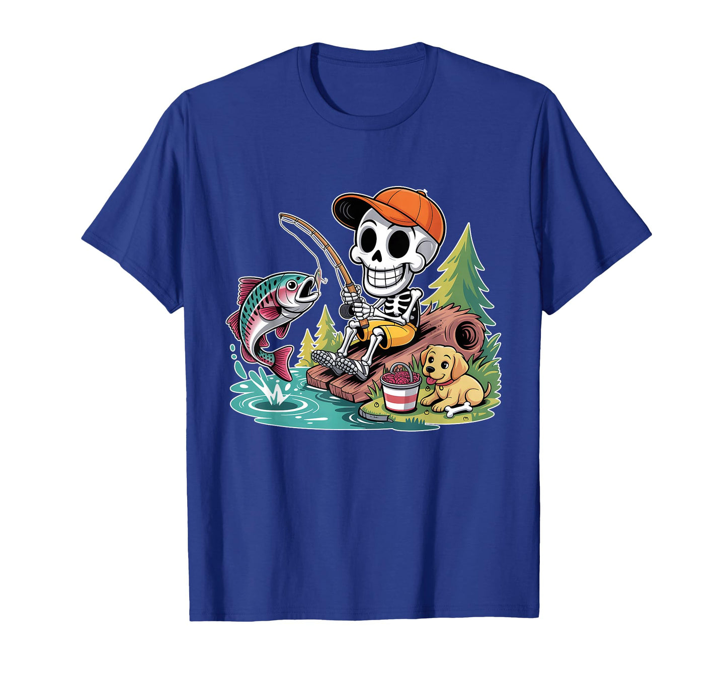 Fishing Skeleton with Dog and Jumping Fish Halloween Outdoor T-Shirt