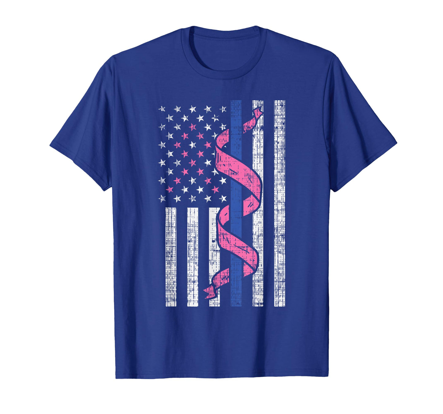 Blue Line Police US Flag Pink Ribbon Breast Cancer Awareness T-Shirt