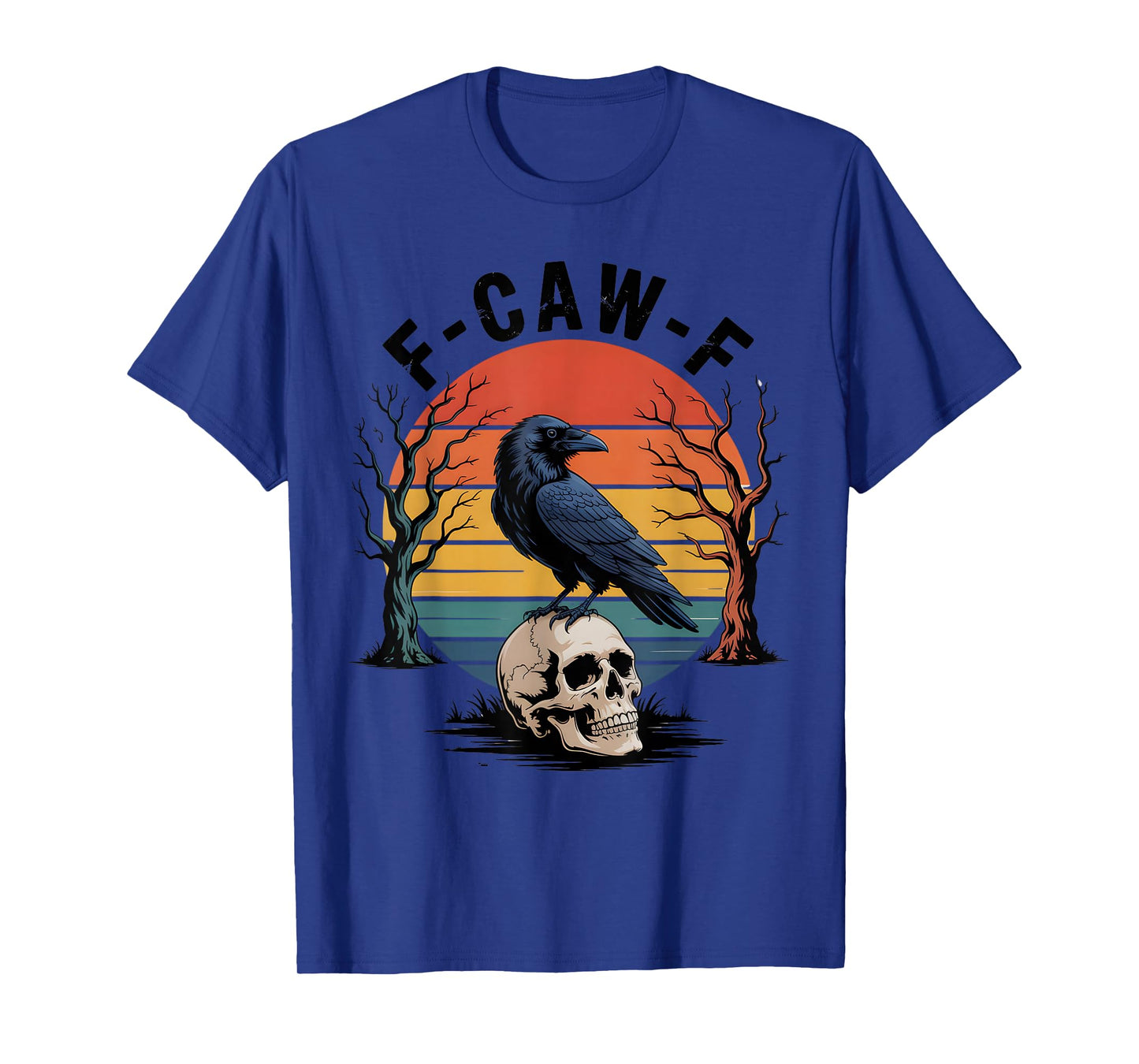 F-CAW-F Crow Skull Retro Sunset Spooky Funny Halloween T-Shirt