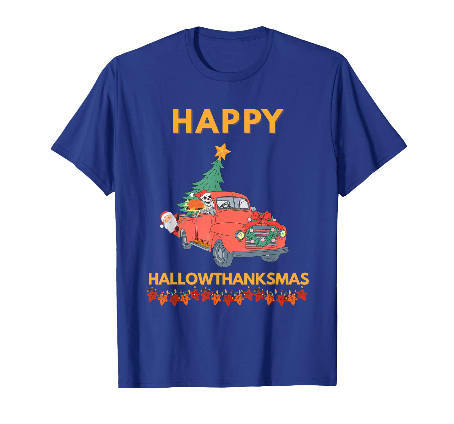 Skeleton Driving Santa Hallowthanksmas Funny Holiday Joke T-Shirt