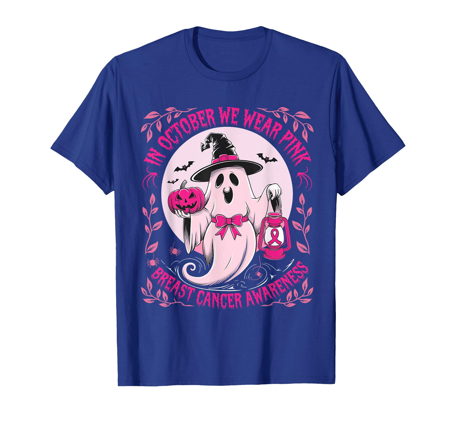 October We Wear Pink Ghost Halloween Pumpkins Breast Cancer T-Shirt