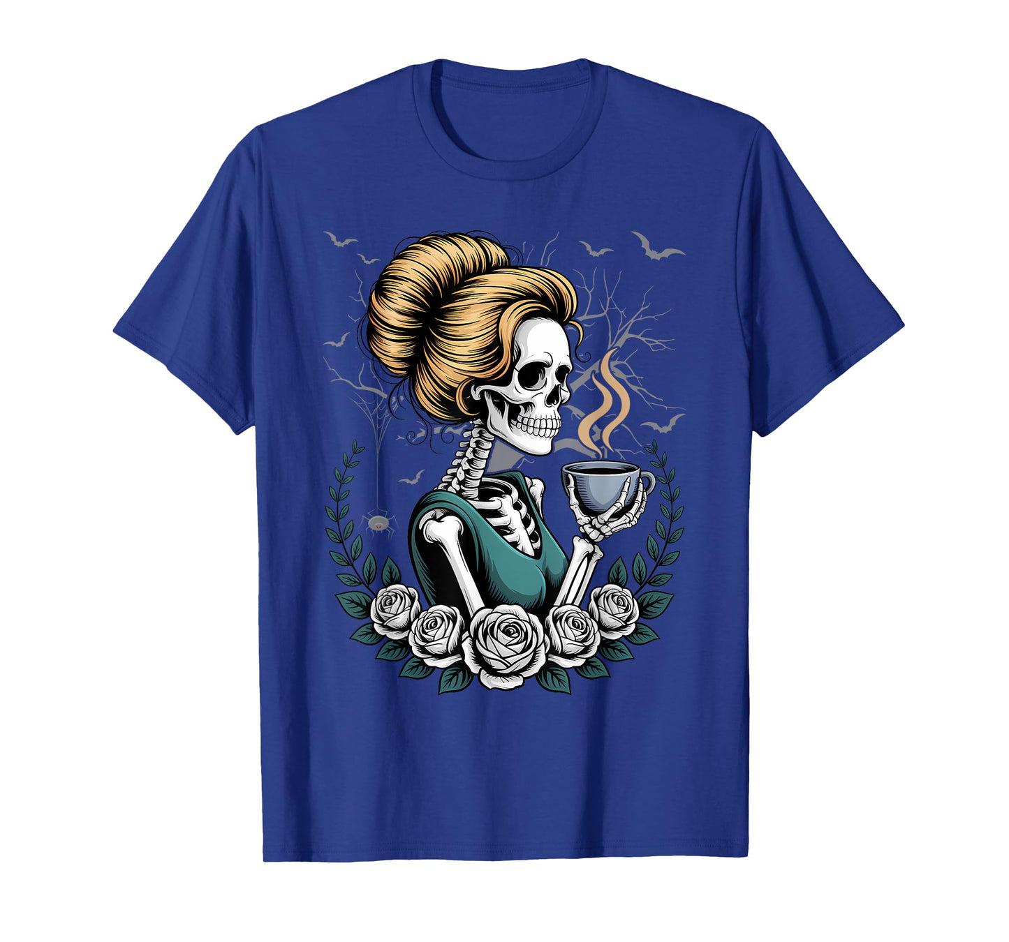 Messy Bun Skeleton Drinking Coffee Vintage Halloween Funny T-Shirt