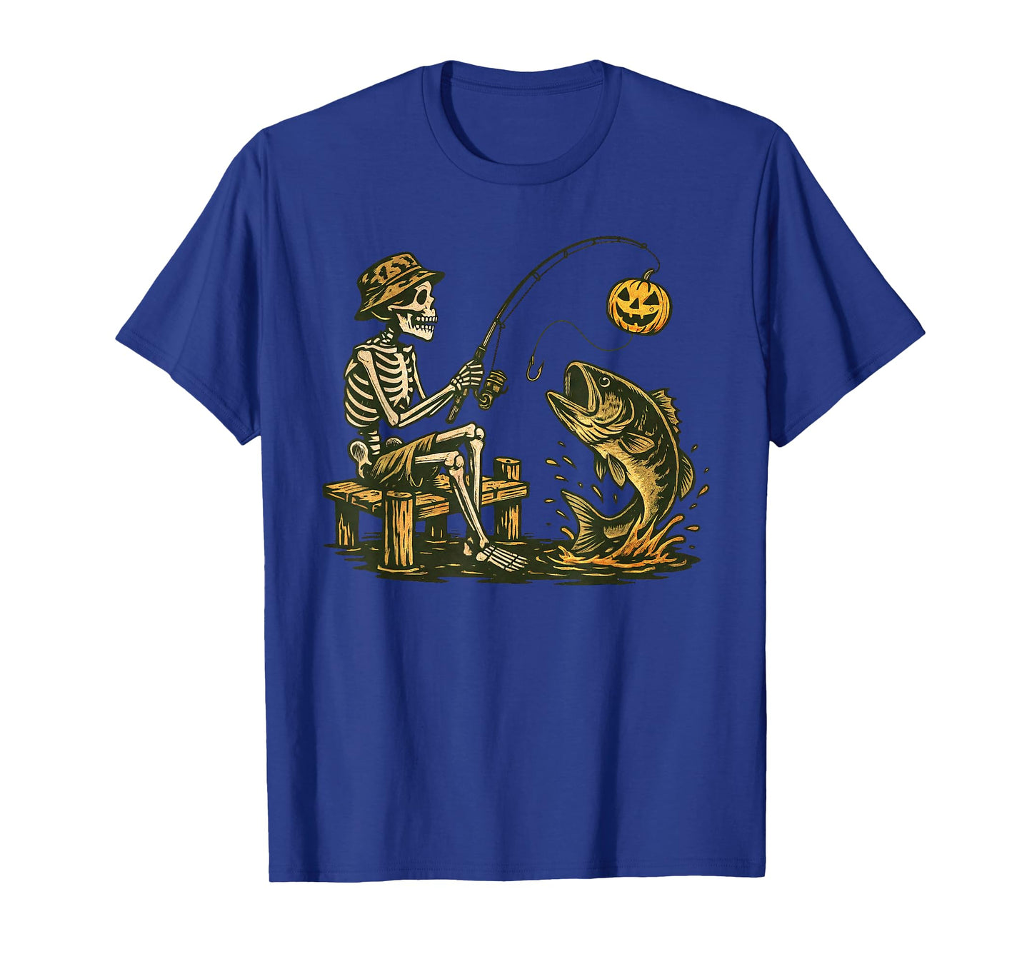 Funny Skeleton Fishing Fisherman with Pumpkin Halloween T-Shirt