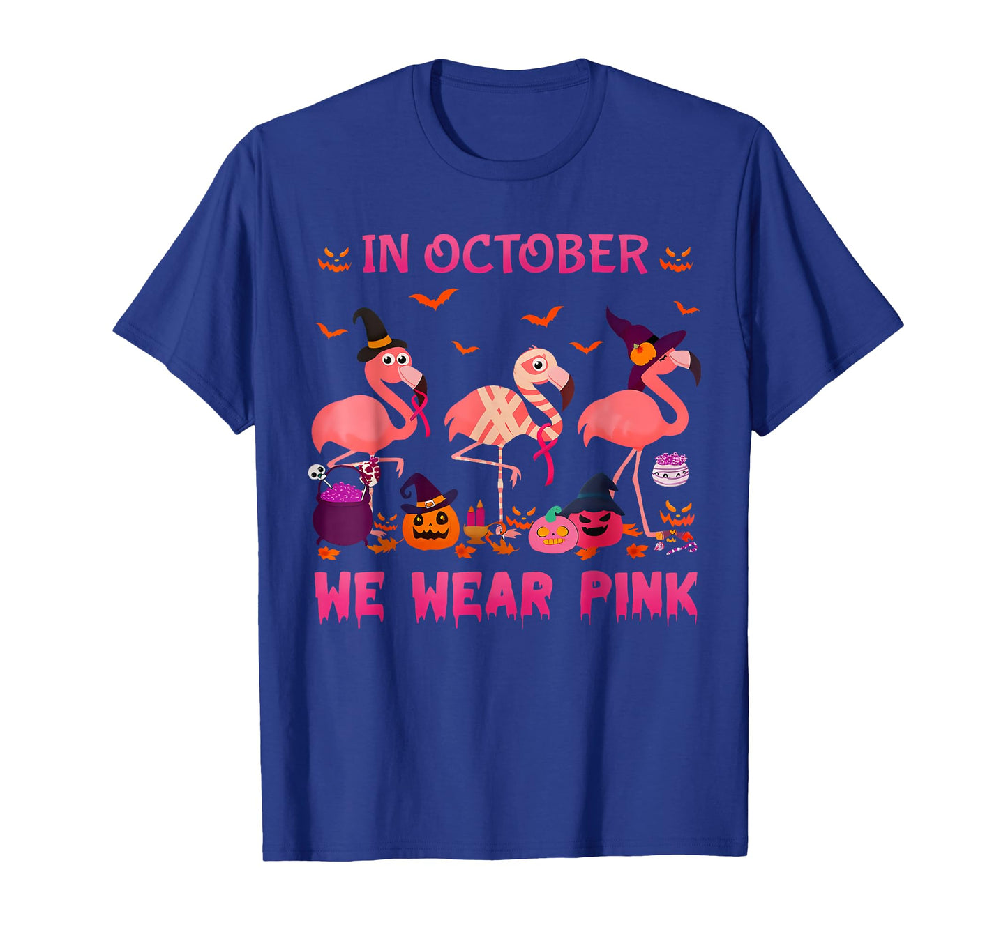 in October We Wear Pink Flamingo Halloween Breast Cancer T-Shirt