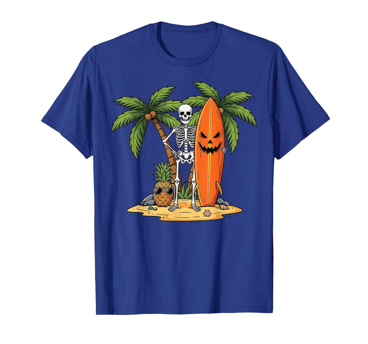 Halloween Skeleton Surfing Pumpkin Beach Design T-Shirt