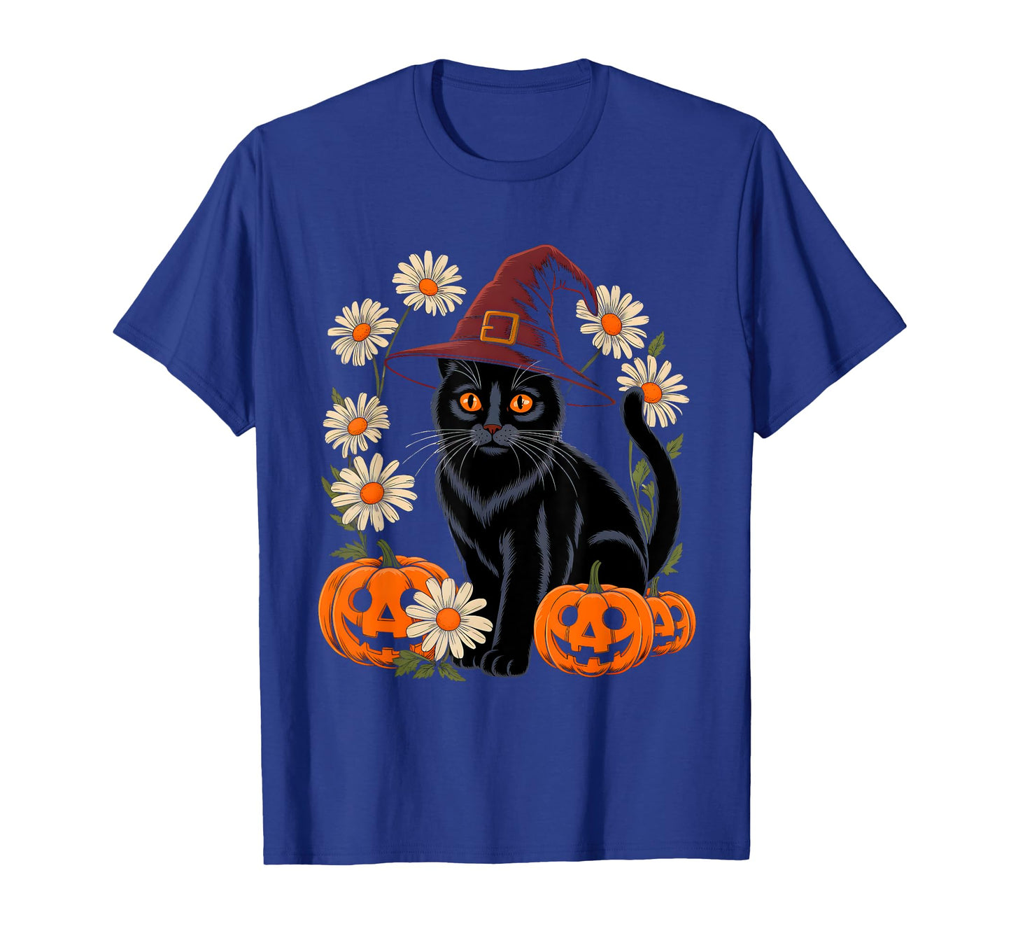 Retro Floral Black Cat Pumpkin Autumn Halloween Men Women T-Shirt