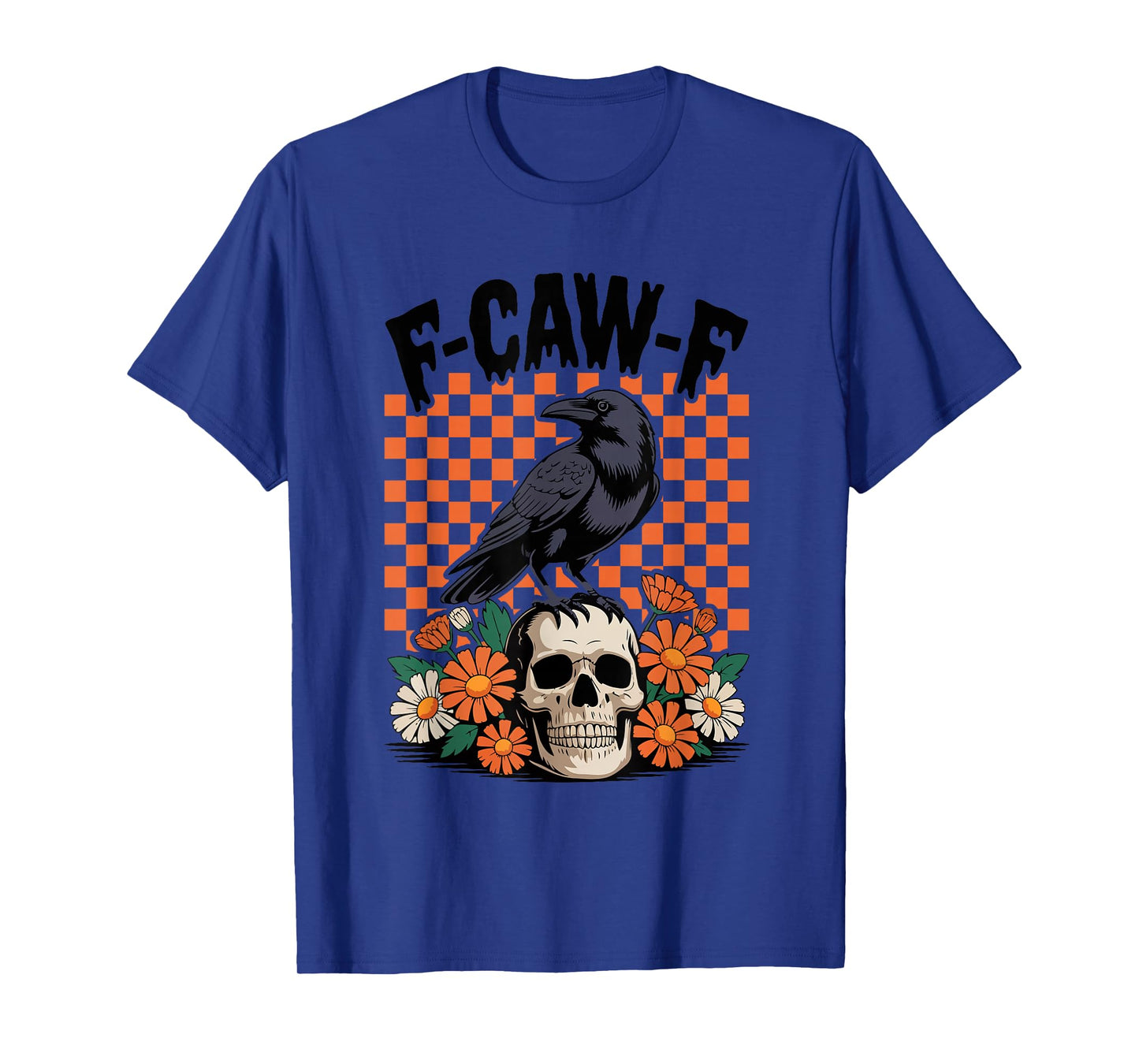 Funny F-Caw-F Black Crow Bird Orange Checkered Design T-Shirt