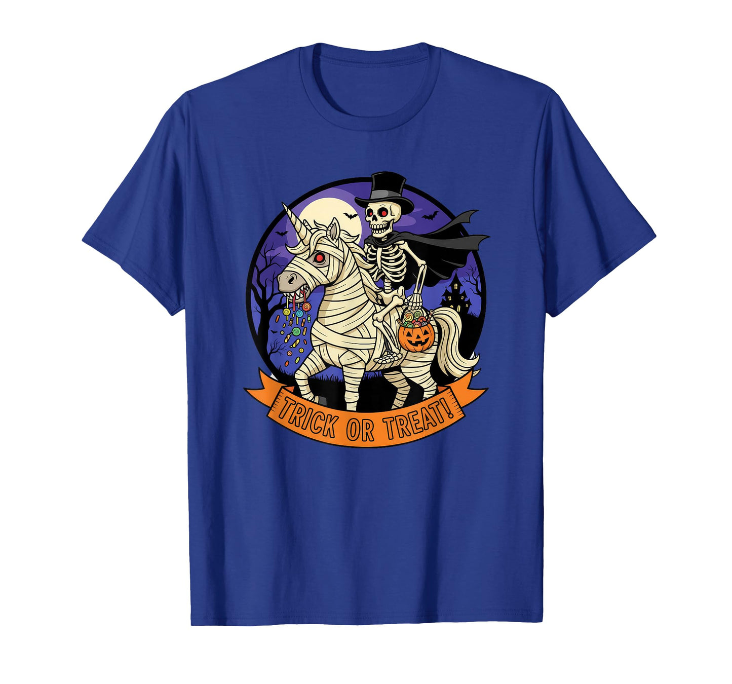 Trick or Treat Skeleton Riding a Mummy Unicorn and Pumpkin T-Shirt