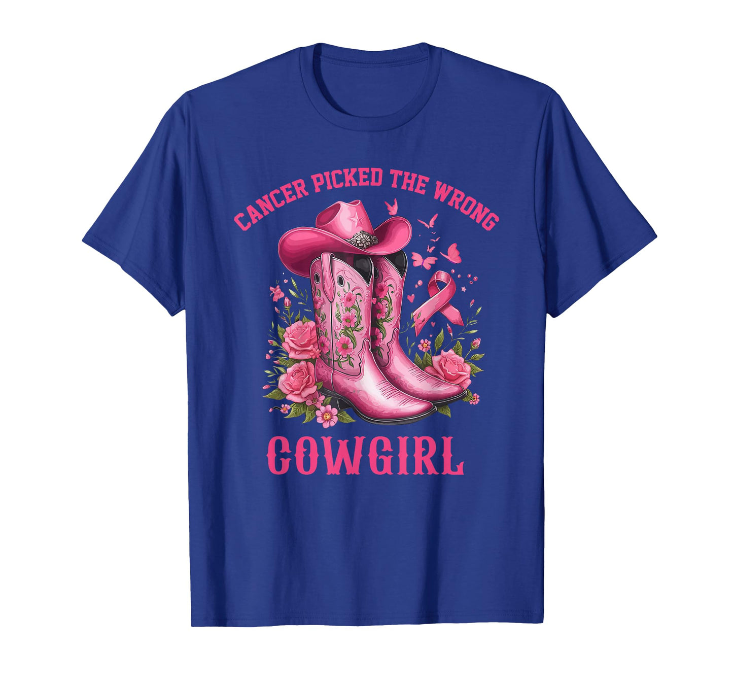 Pink Ribbon Cowboy Hat Boots Cancer Picked The Wrong Cowgirl T-Shirt