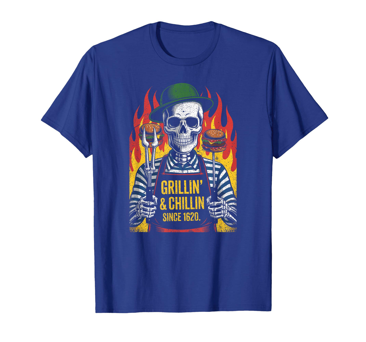 Skeleton BBQ Master Grilling Burgers with Flames T-Shirt