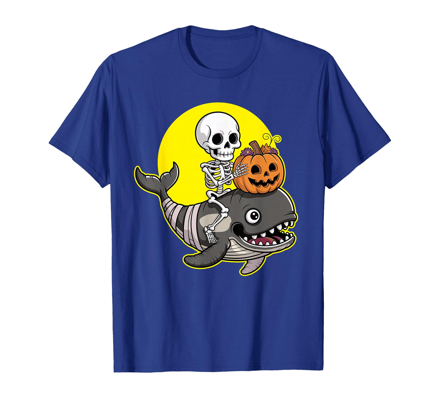 Skeleton Riding Whale with Pumpkin Halloween T-Shirt