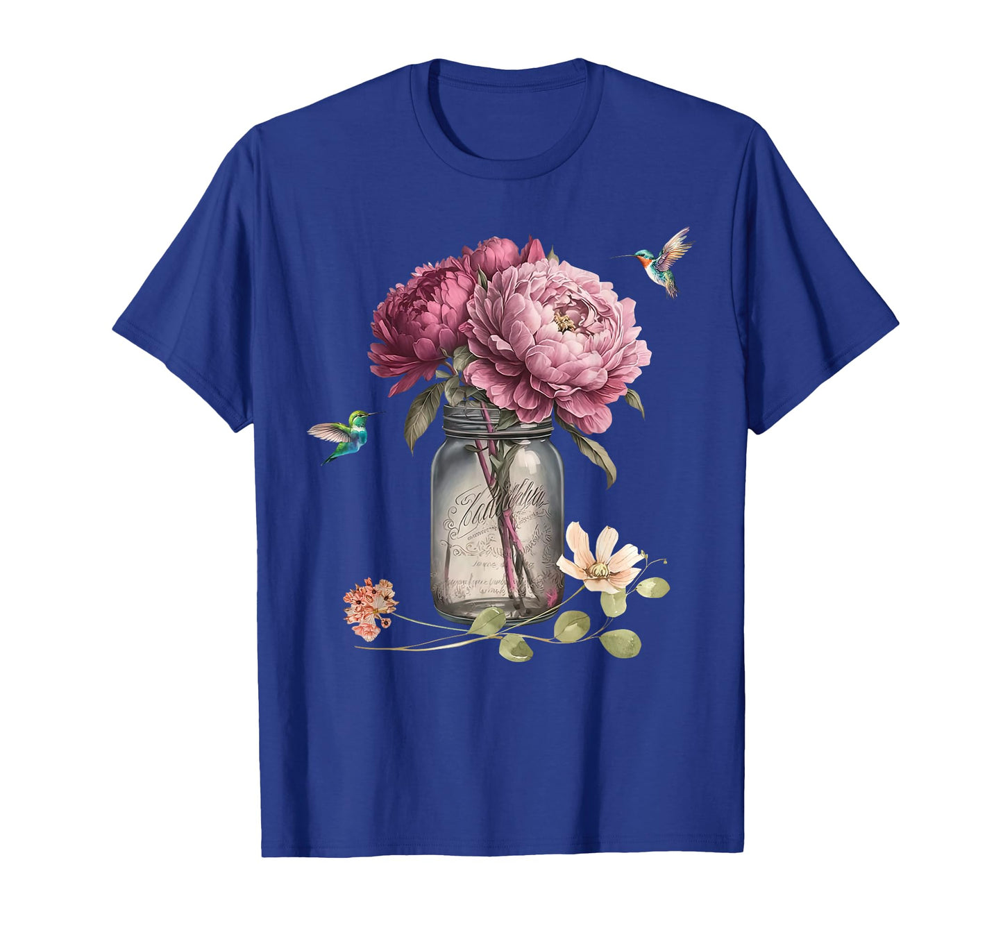 Retro Hummingbird Flower In Mason Jar Peony Flower Gardener T-Shirt