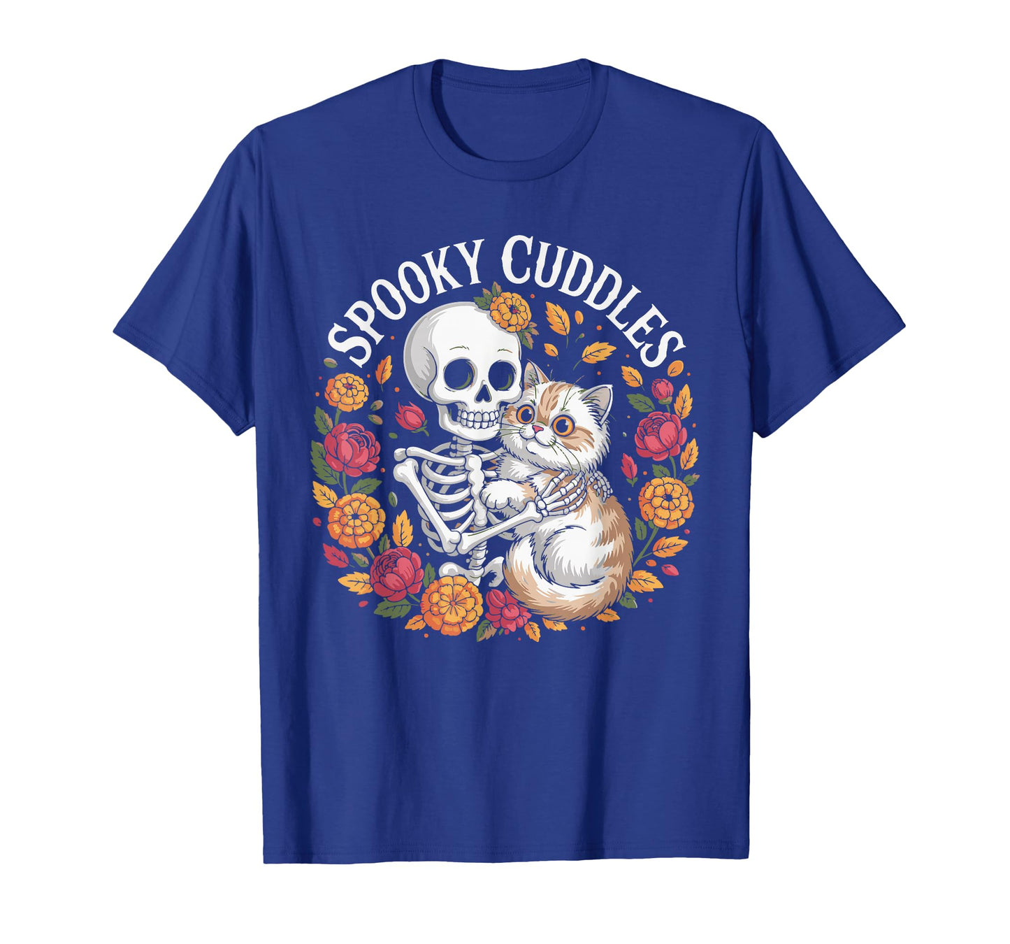 Skeleton Hugging Cat Floral Spooky Halloween Outfit Women T-Shirt