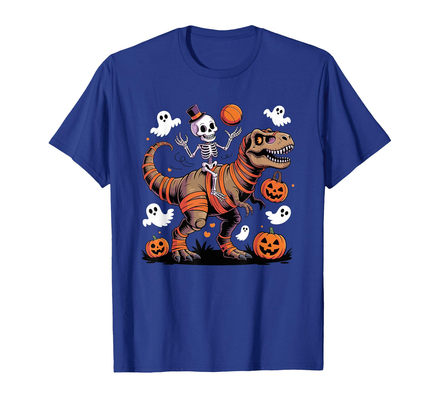 Basketball Skeleton Riding Mummy Dinosaur T-Rex Halloween T-Shirt
