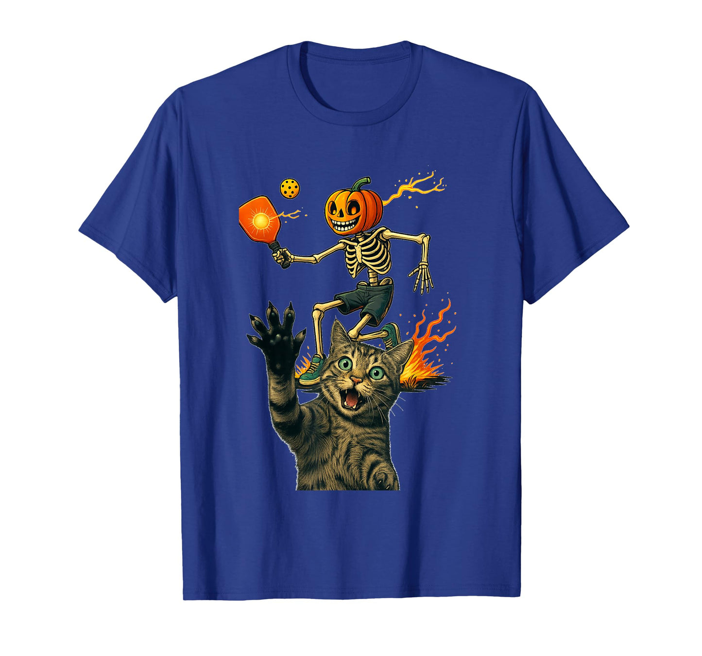 Pumpkin Head Skeleton Pickleball Halloween Spooky Cat T-Shirt