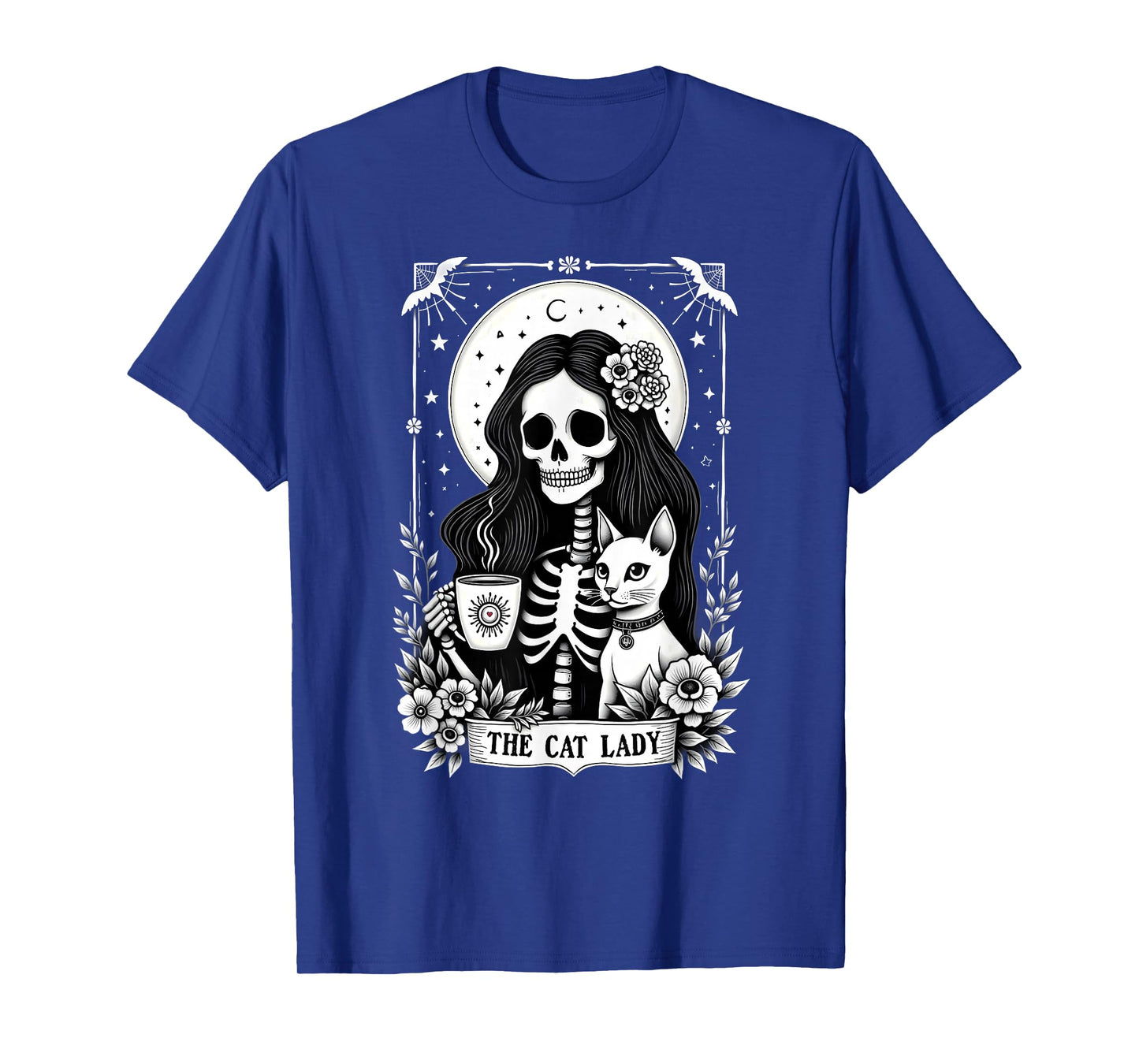 Gothic Tarot Card Cat Lady Skeleton Coffee T-Shirt