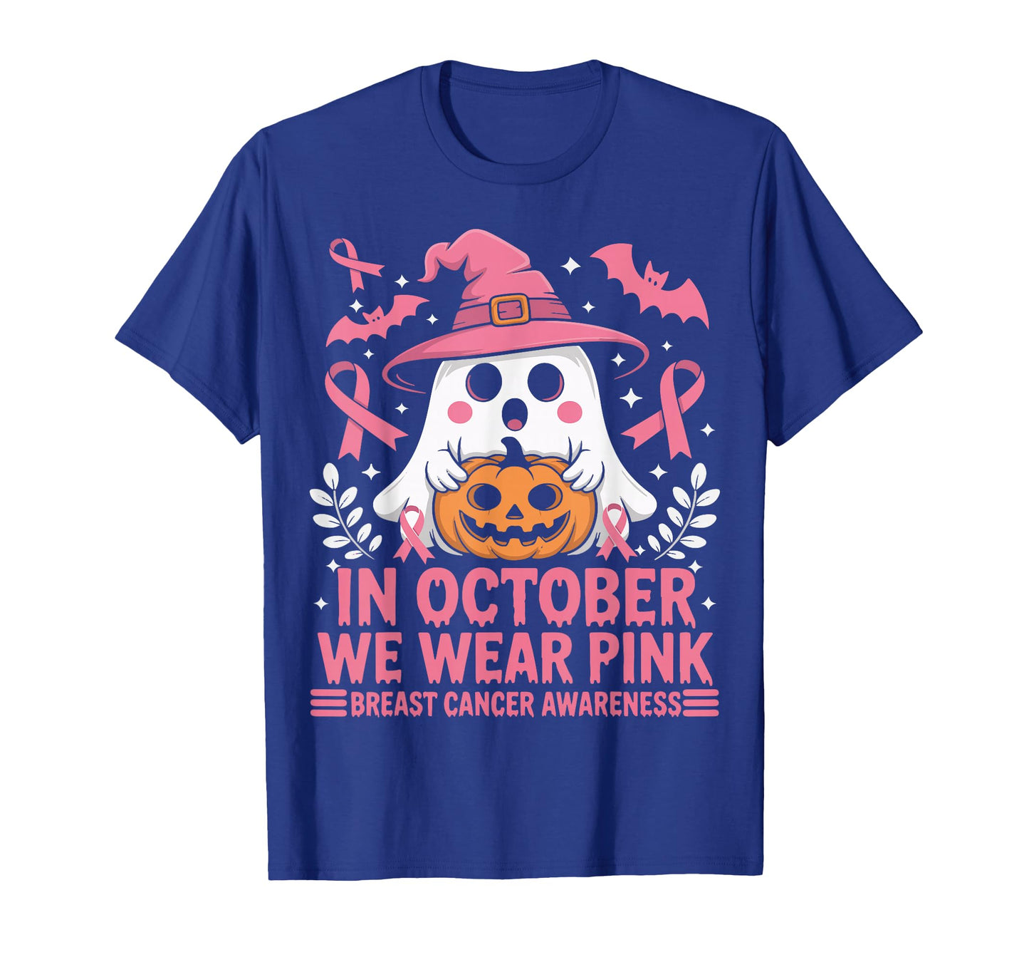 in October We Wear Pink Cute Ghost Witch Hat Pumpkin T-Shirt