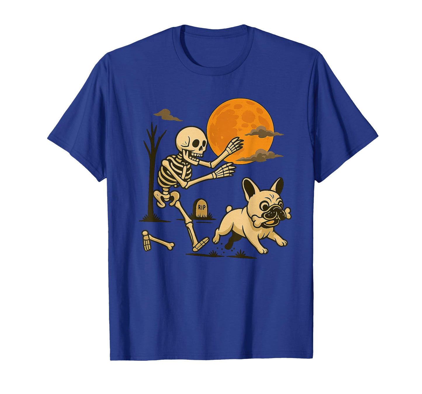 Skeleton Chasing French Bulldog Halloween Dog Mom Pet Lover T-Shirt