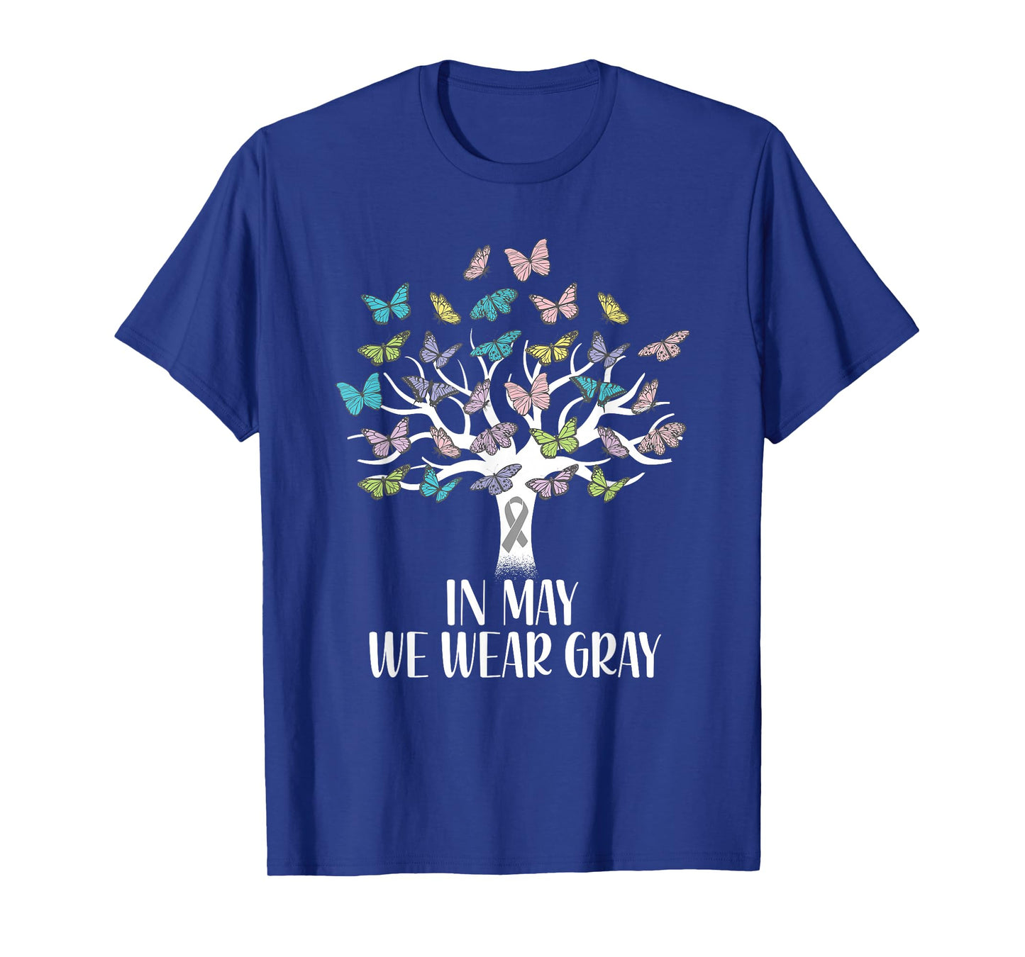 In May We Wear Gray Brain Cancer Awareness Butterfly Tree T-Shirt
