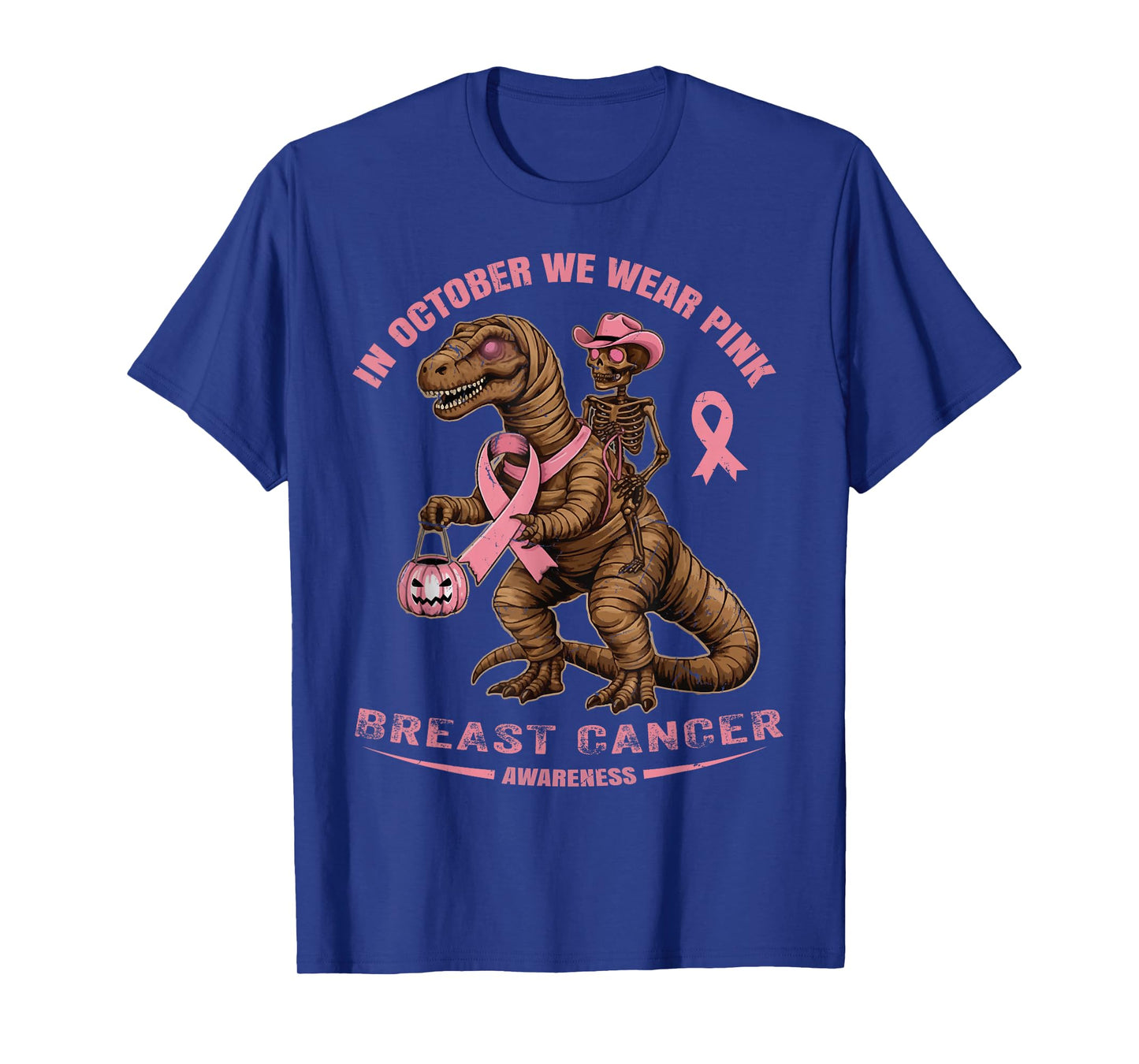 Breast Cancer Dinosaur and Cowboy Skeleton in Pink T-Shirt
