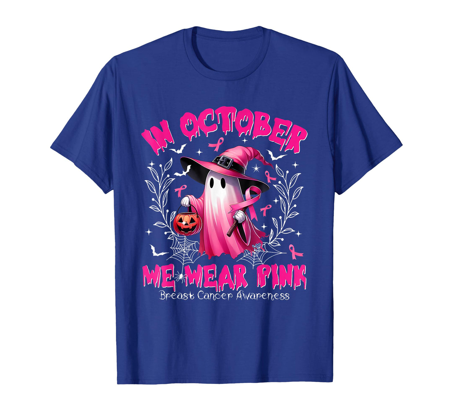 in October We Wear Pink Ghost Witch Breast Cancer Awareness T-Shirt