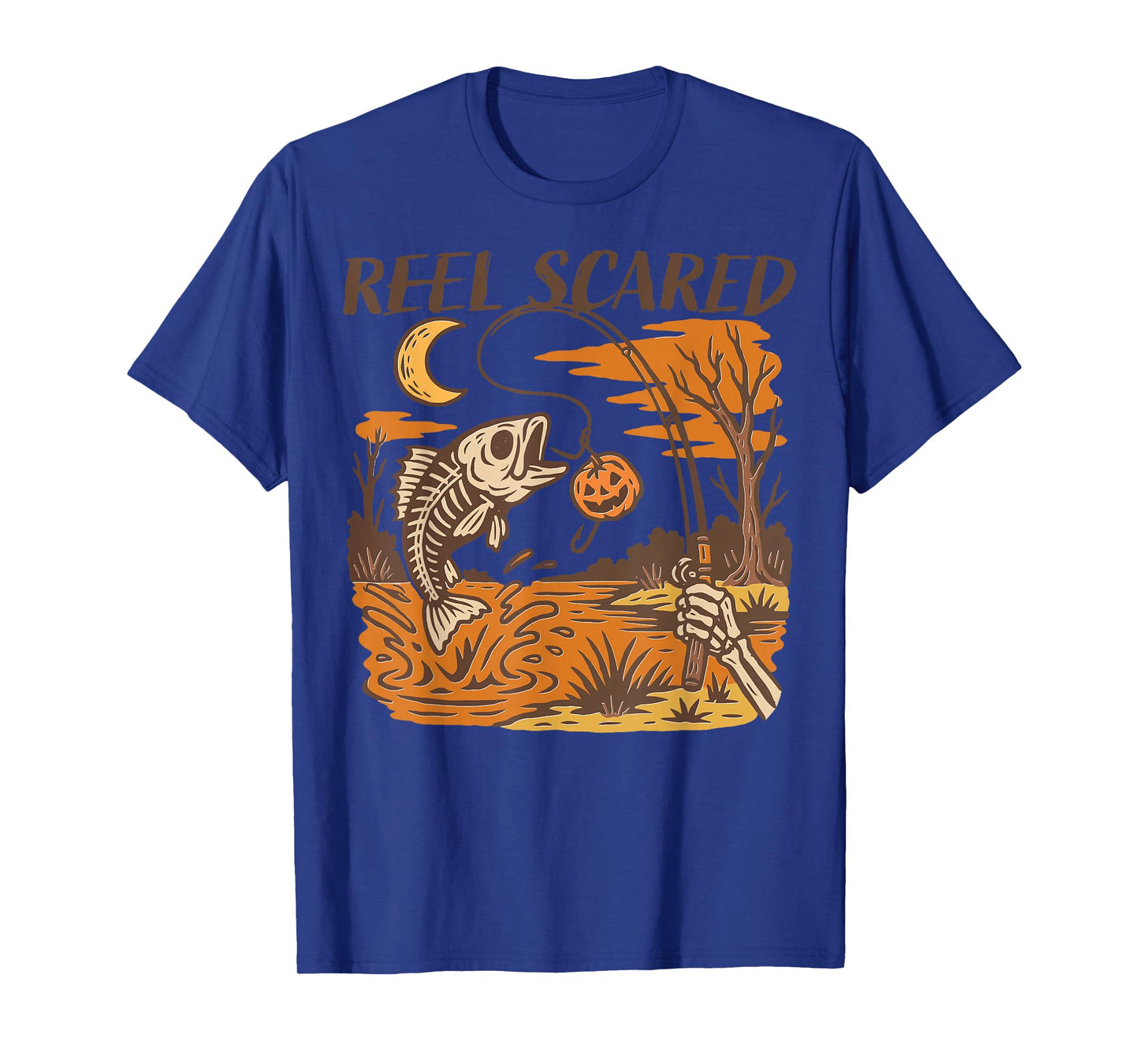 Reel Scared Halloween Fall Fishing Funny Skeleton Fisherman T-Shirt