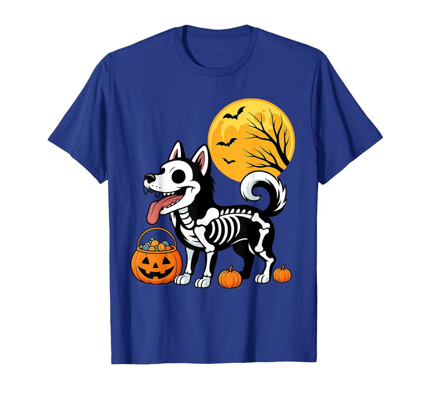 Siberian Husky Dog Skeleton Scary Pumpkin Moon Halloween T-Shirt