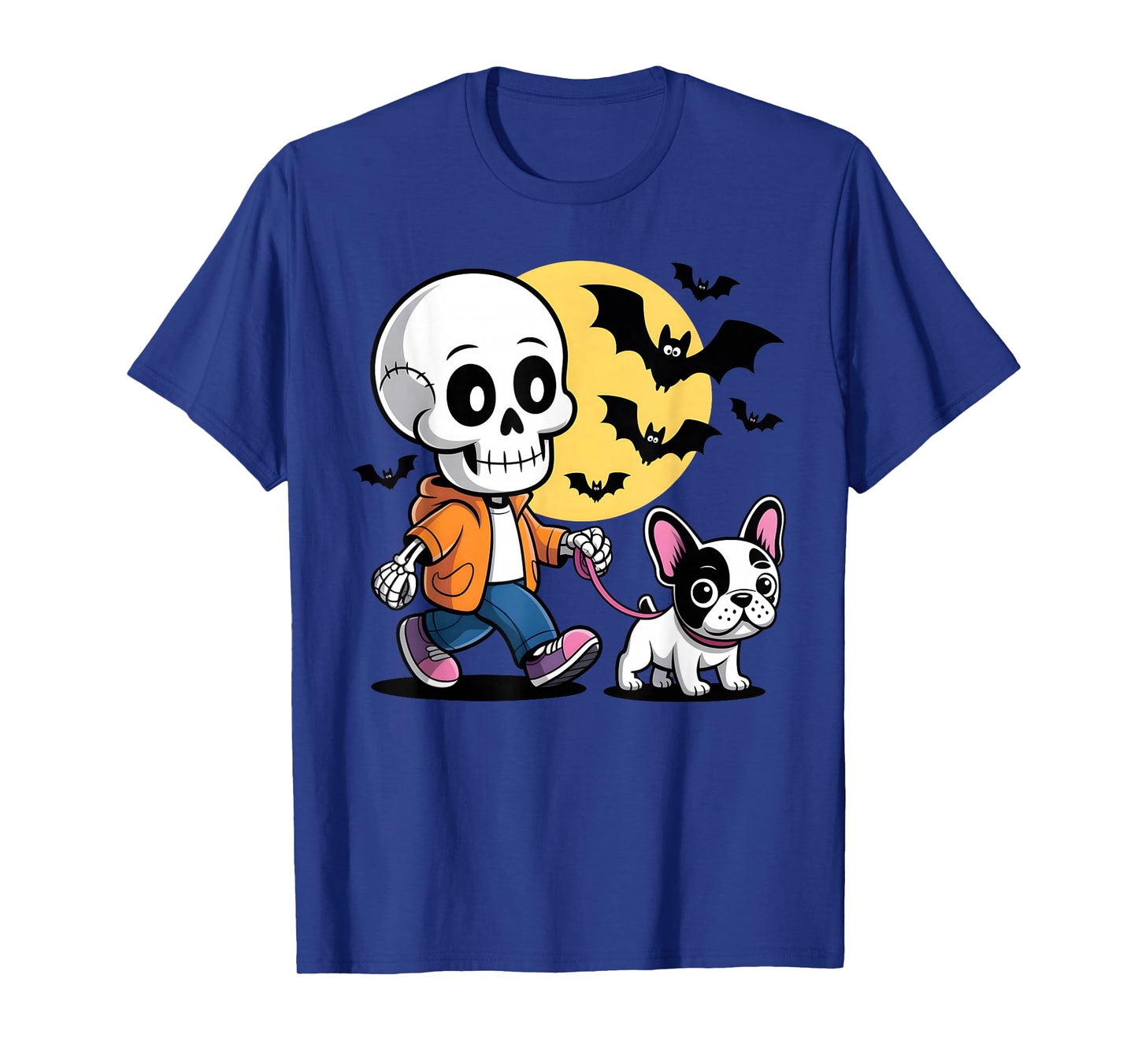 Funny Skeleton Walking Cute French Bulldog Halloween Night T-Shirt