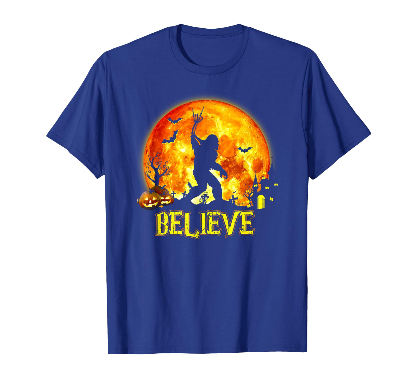 Believe Bigfoot Rock On Halloween Skeleton Hand Sasquatch T-Shirt