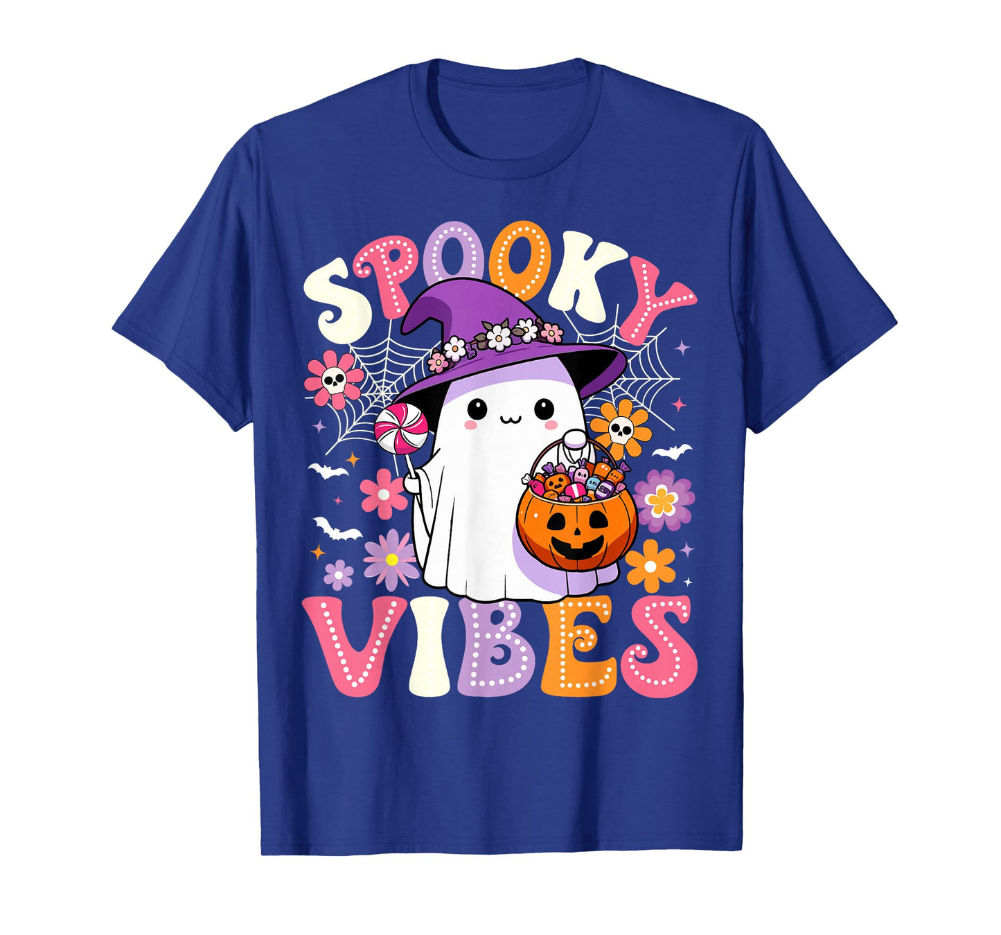 Groovy Spooky Vibes Retro Ghost Holding Pumpkin Halloween T-Shirt