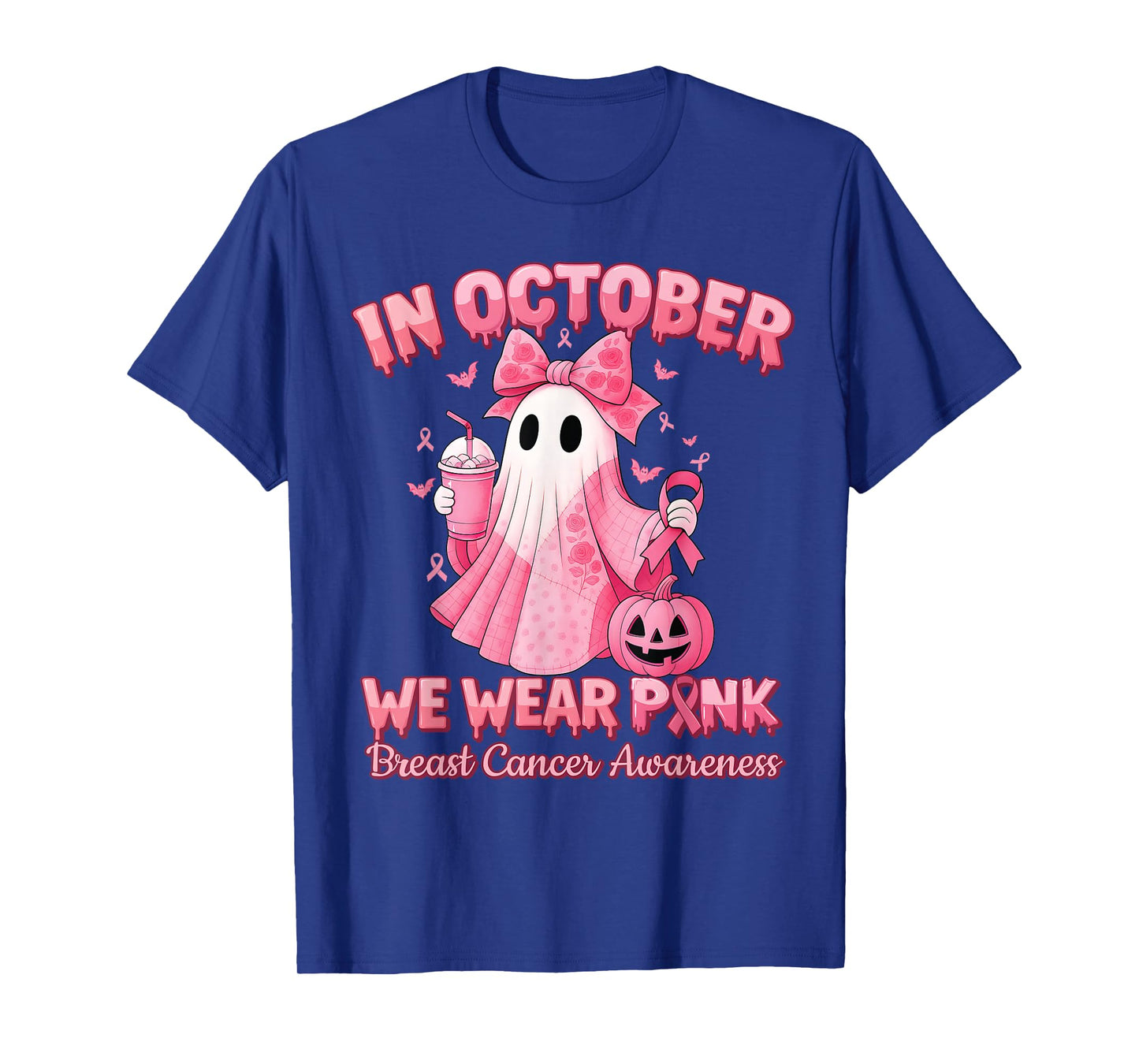 in October We Wear Pink Ghost Witch Breast Cancer Awareness T-Shirt