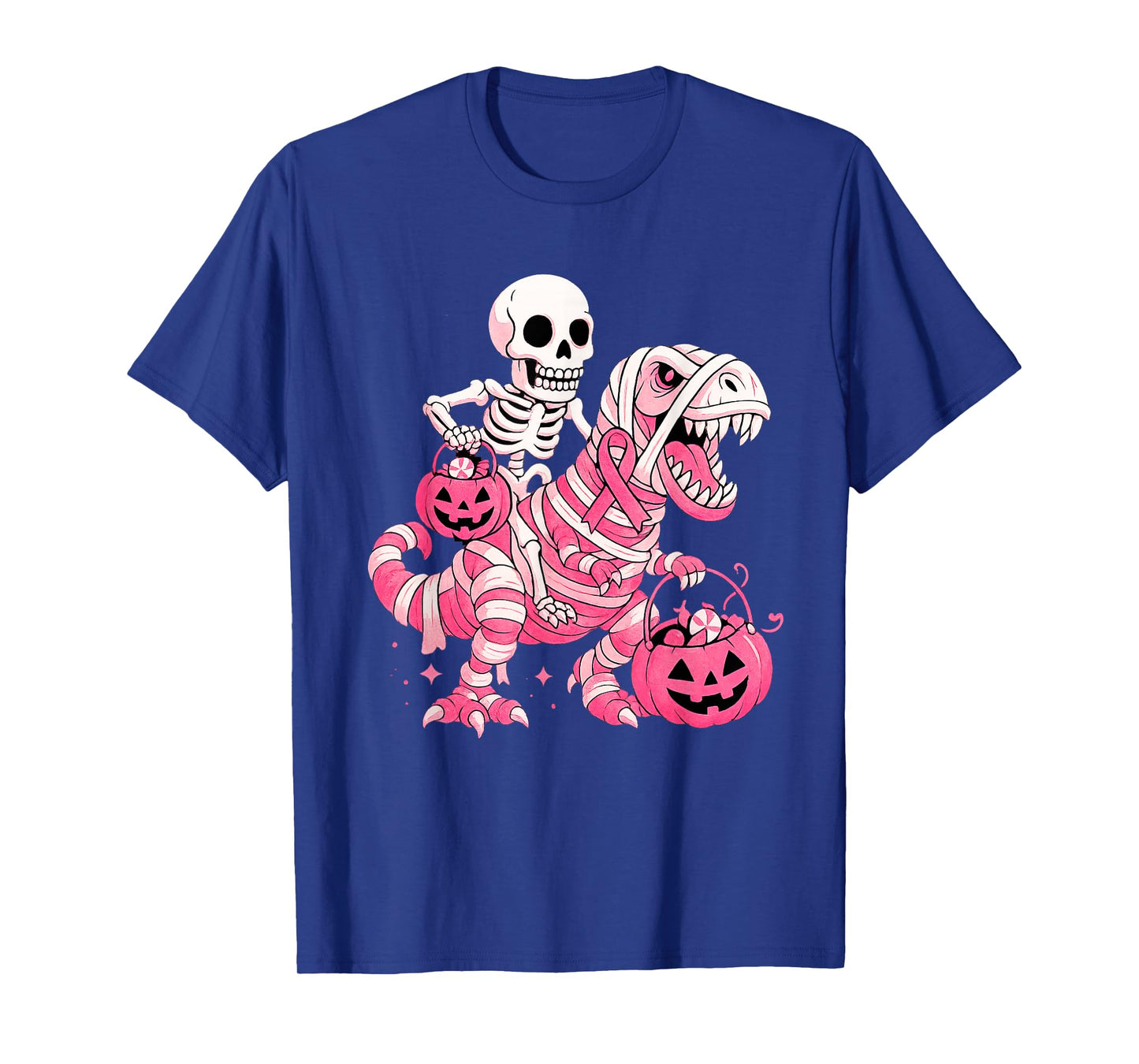 Skeleton Riding Mummy Dinosaur T Rex Pumpkin Breast Cancer T-Shirt