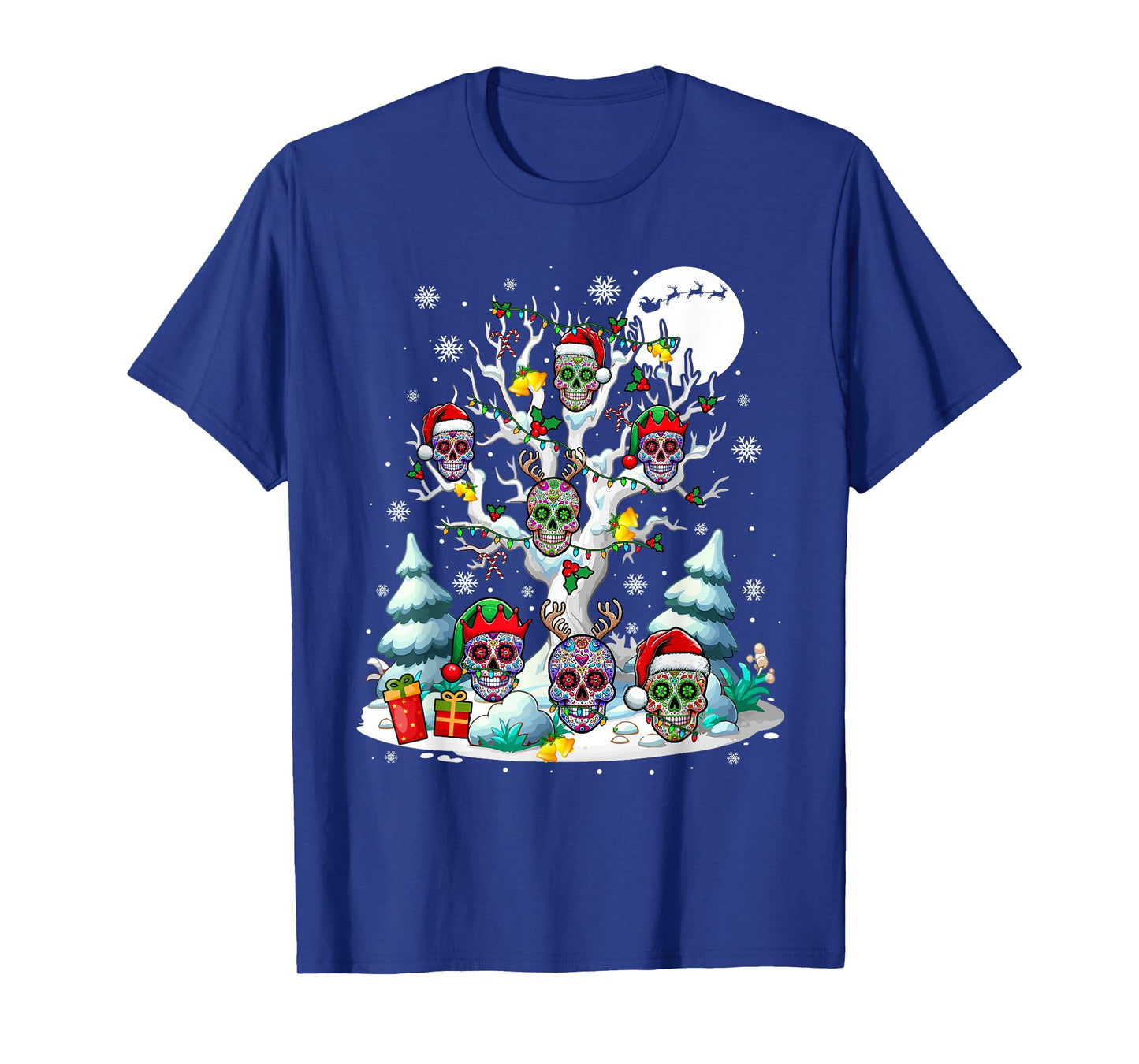 Group Santa Floral Skulls On Xmas Tree Snow Colorful Lights T-Shirt