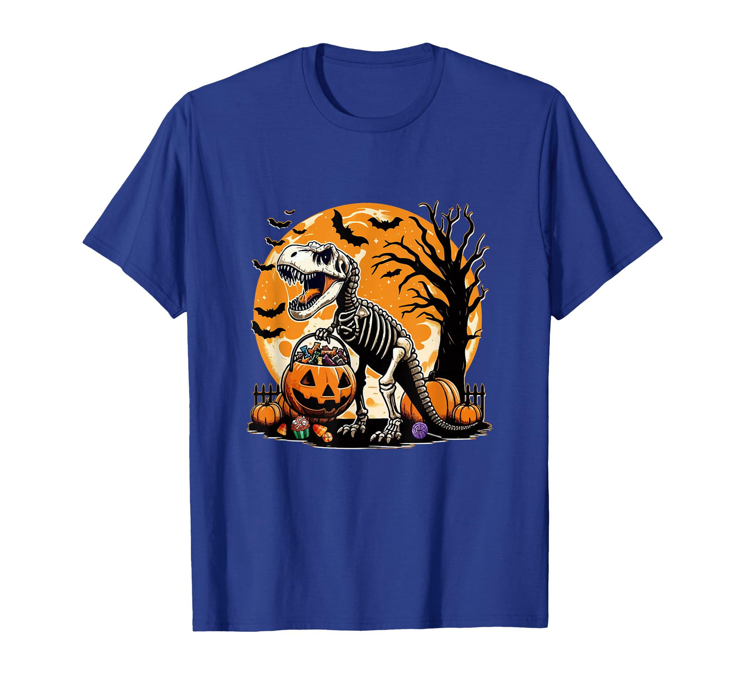 T-rex Skeleton Holding Halloween Candy Carved Pumpkin Basket T-Shirt