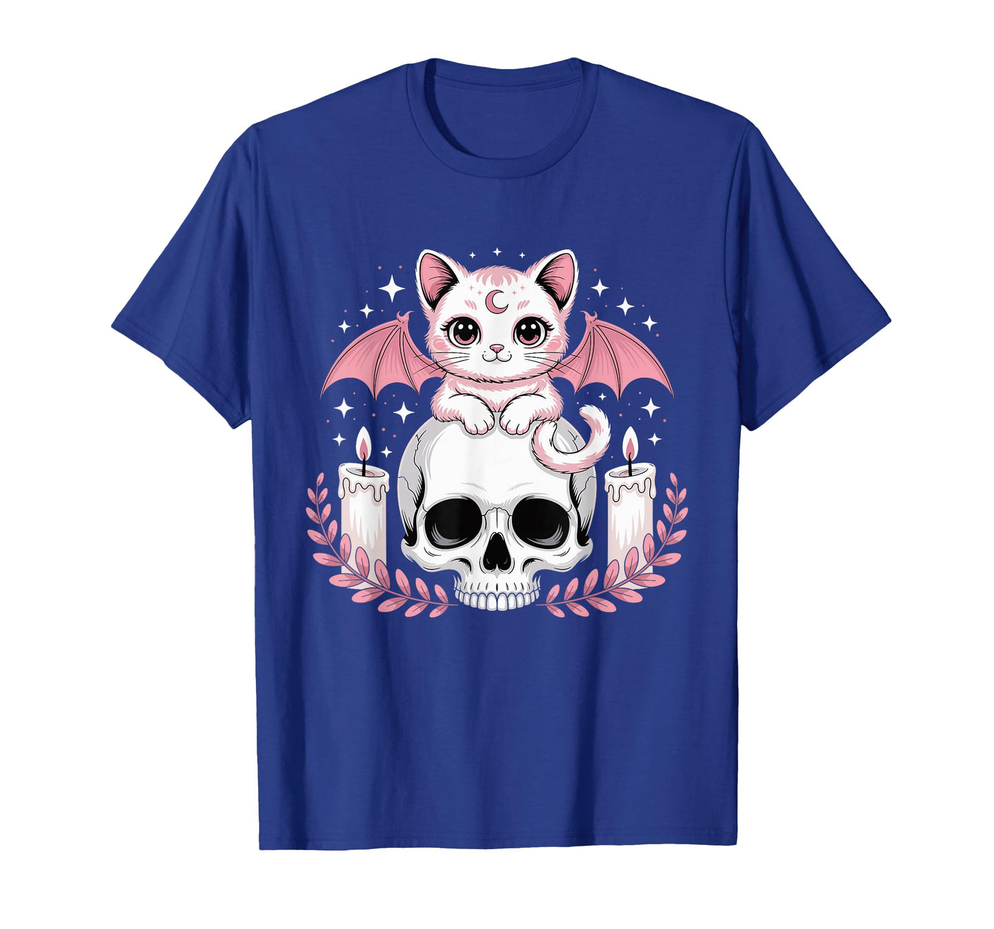 Cute Pink Bat Cat Sitting On Skull Skeleton Candles Design T-Shirt