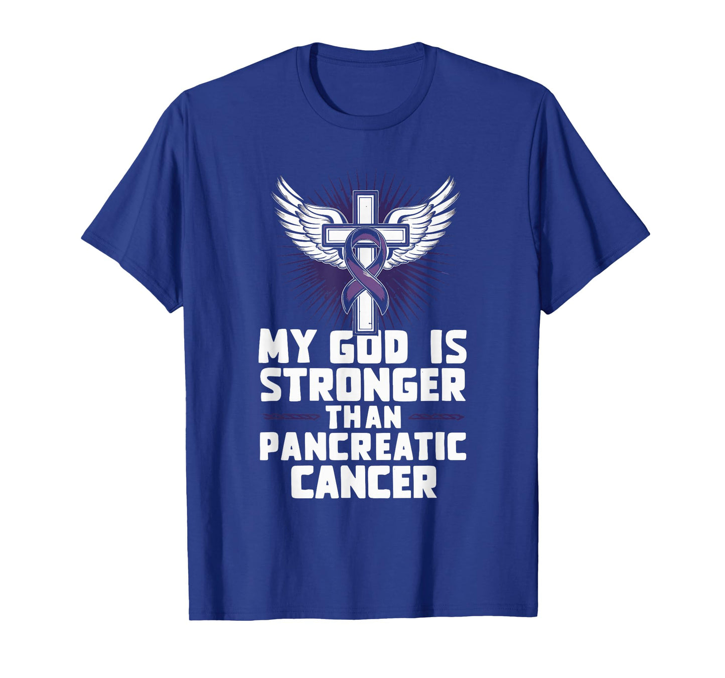 My God Is Stronger Than Pancreatic Cancer Purple Ribbon T-Shirt