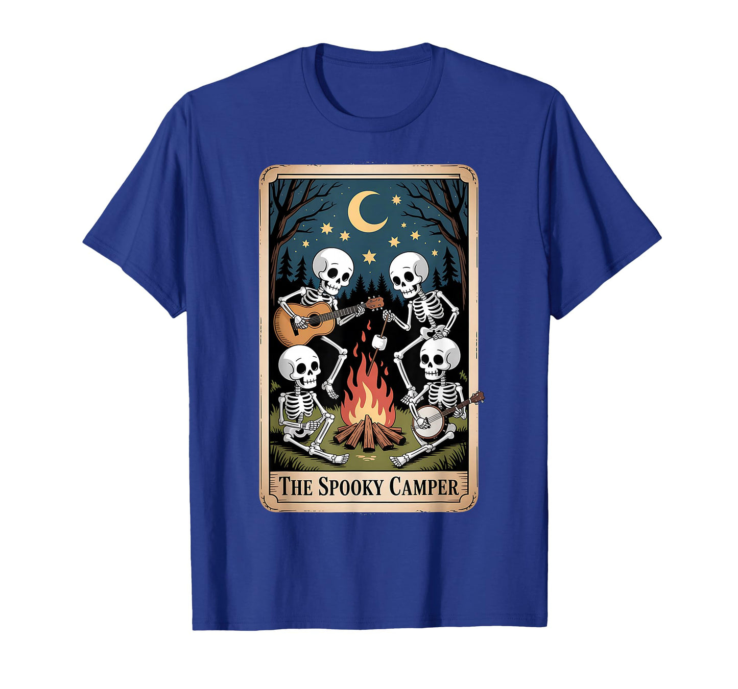 Spooky Skeleton Camper Halloween Night Campfire Funny Tarot T-Shirt
