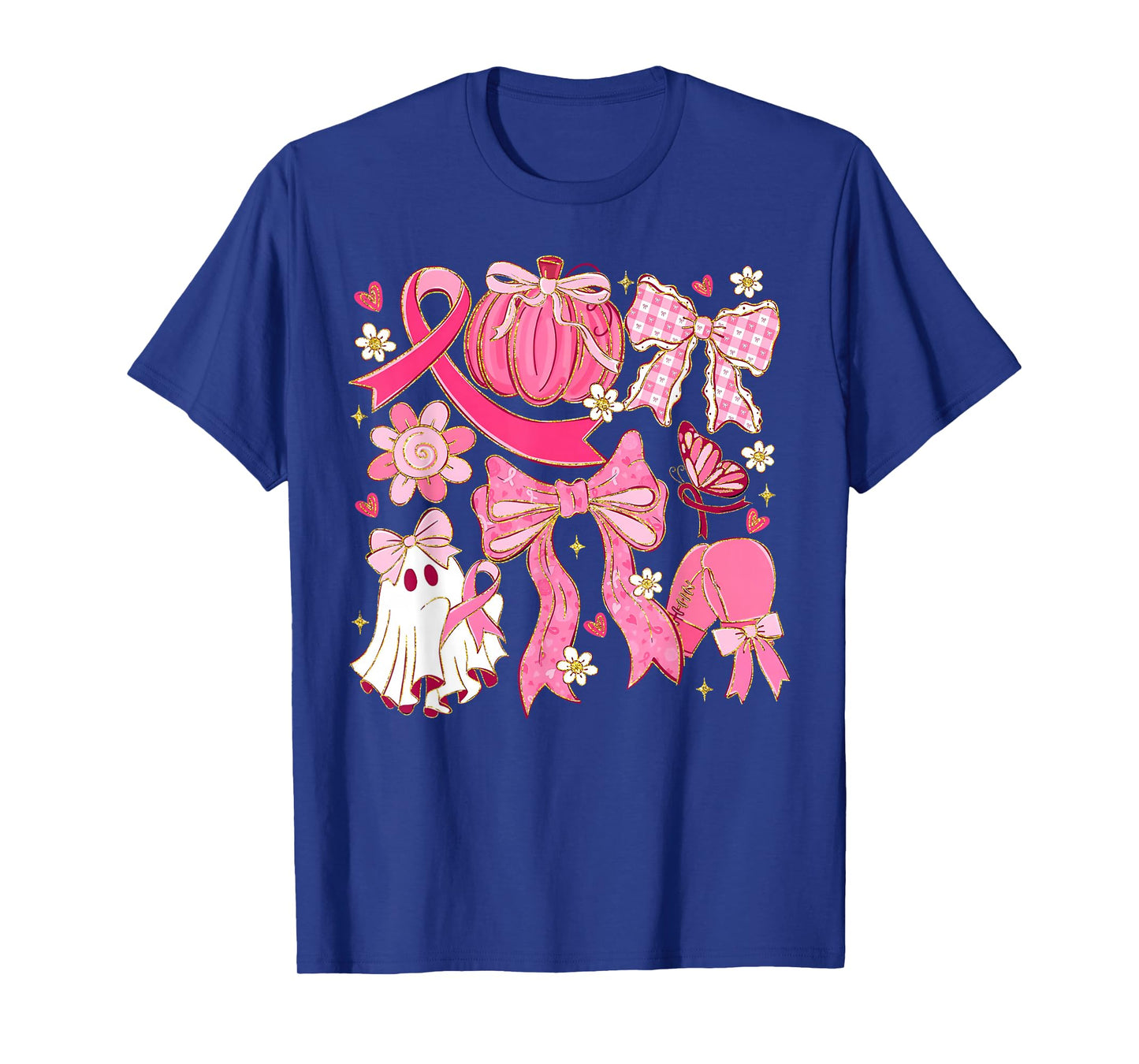 Pink Pumpkin Ghost Coquette Bow Breast Cancer Awareness T-Shirt