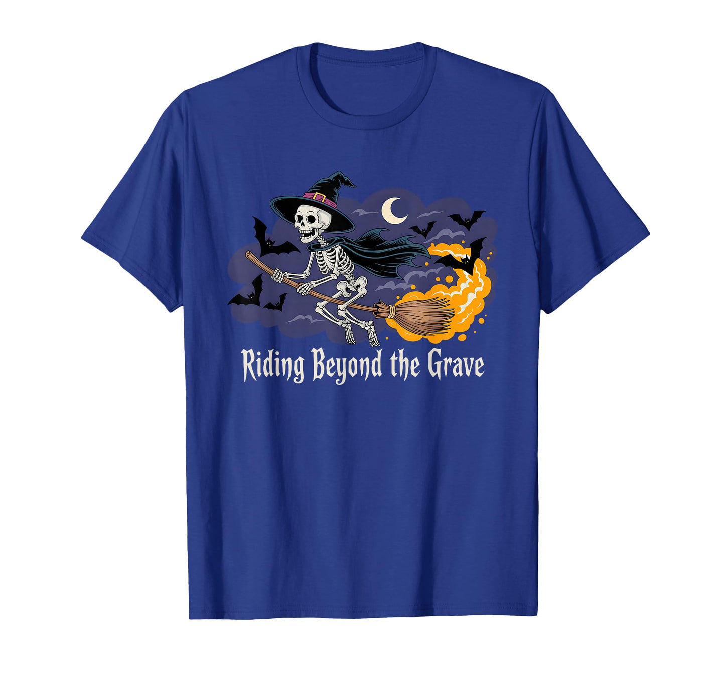 Skeleton Witch Hat Flying Broom Halloween Bats Moon Rider T-Shirt