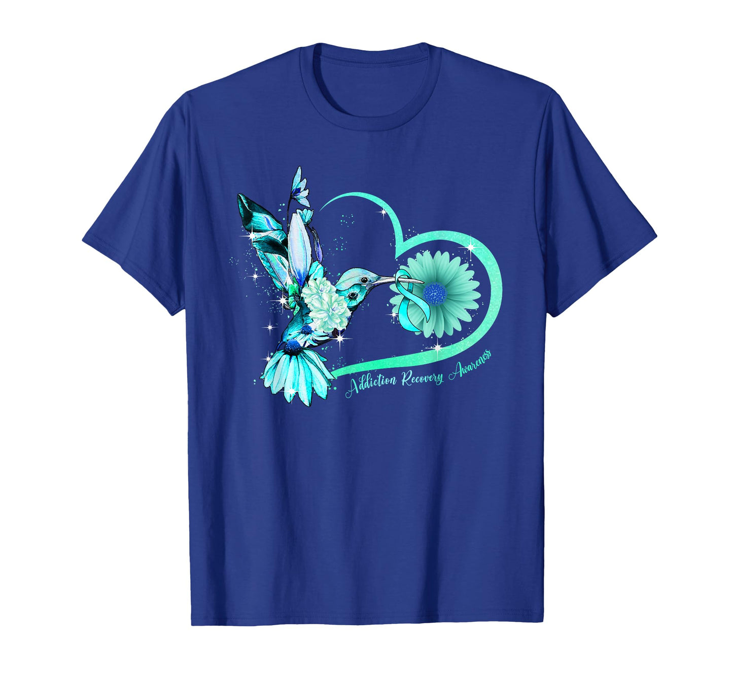 Hummingbird Sunflower Heart Teal Ribbon Addiction Recovery T-Shirt