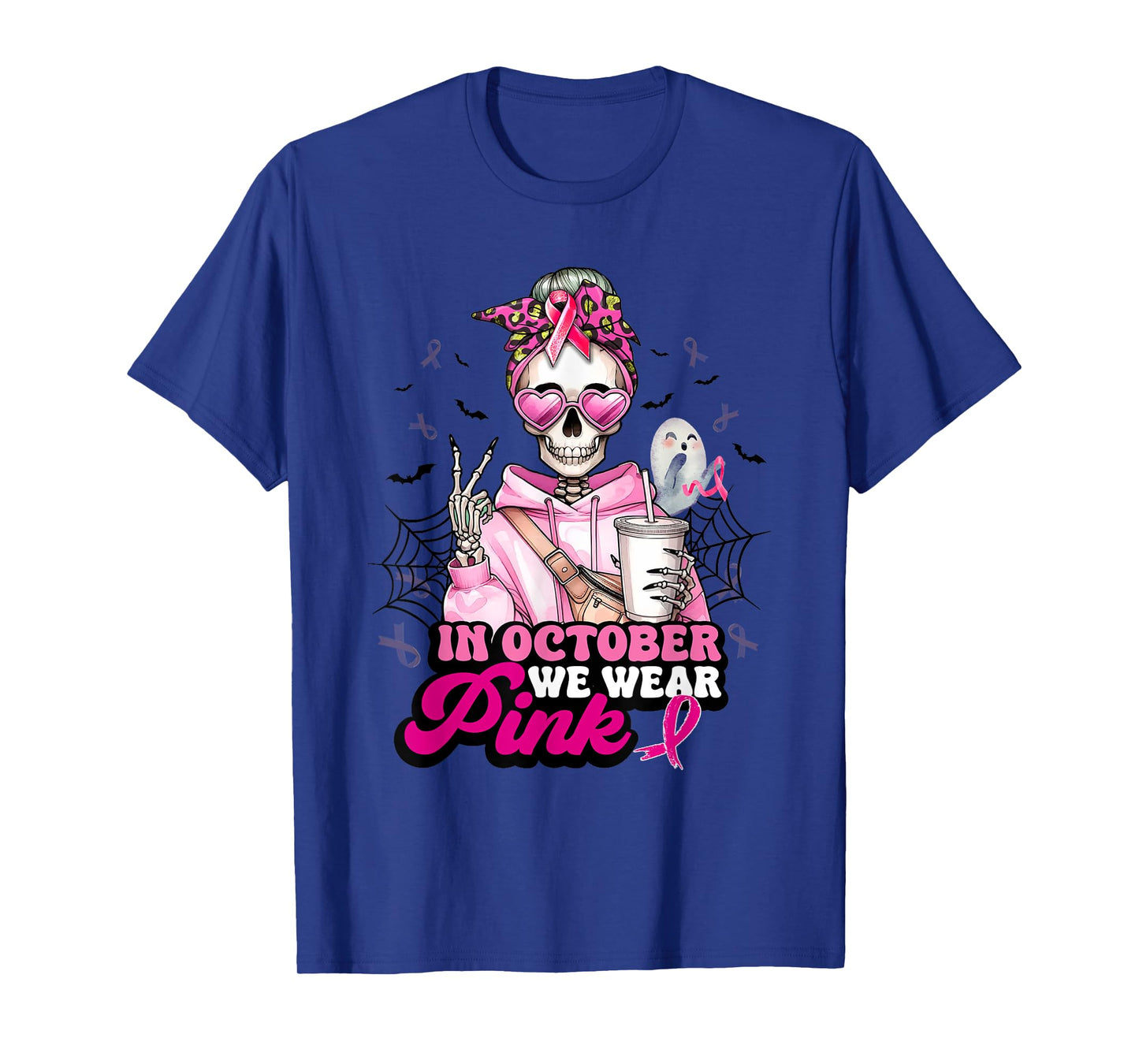 in October We Wear Pink Breast Cancer Skeleton Coffee Lover T-Shirt