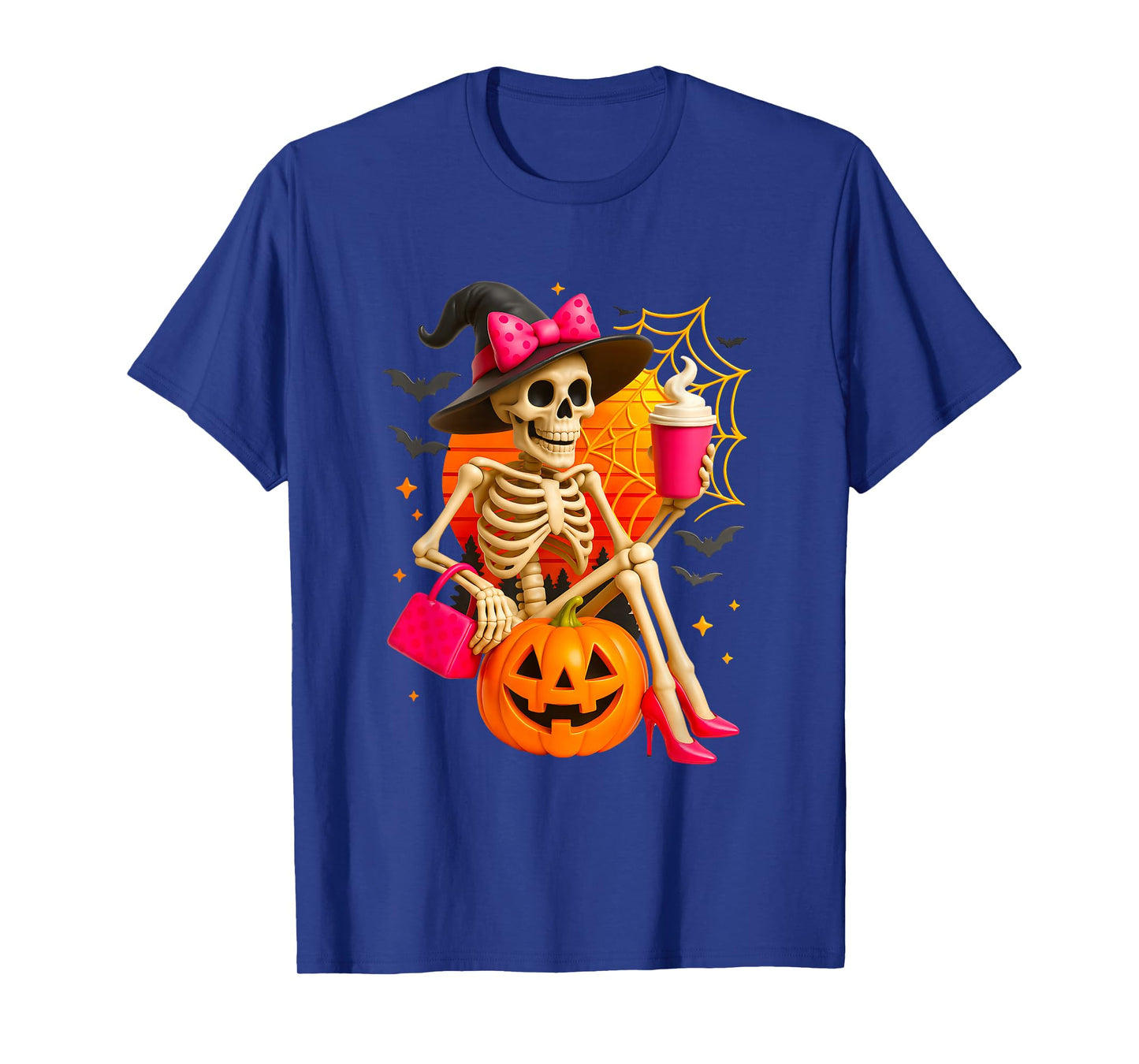 Halloween Skeleton with Pumpkin Hat and Coffee in High Heels T-Shirt